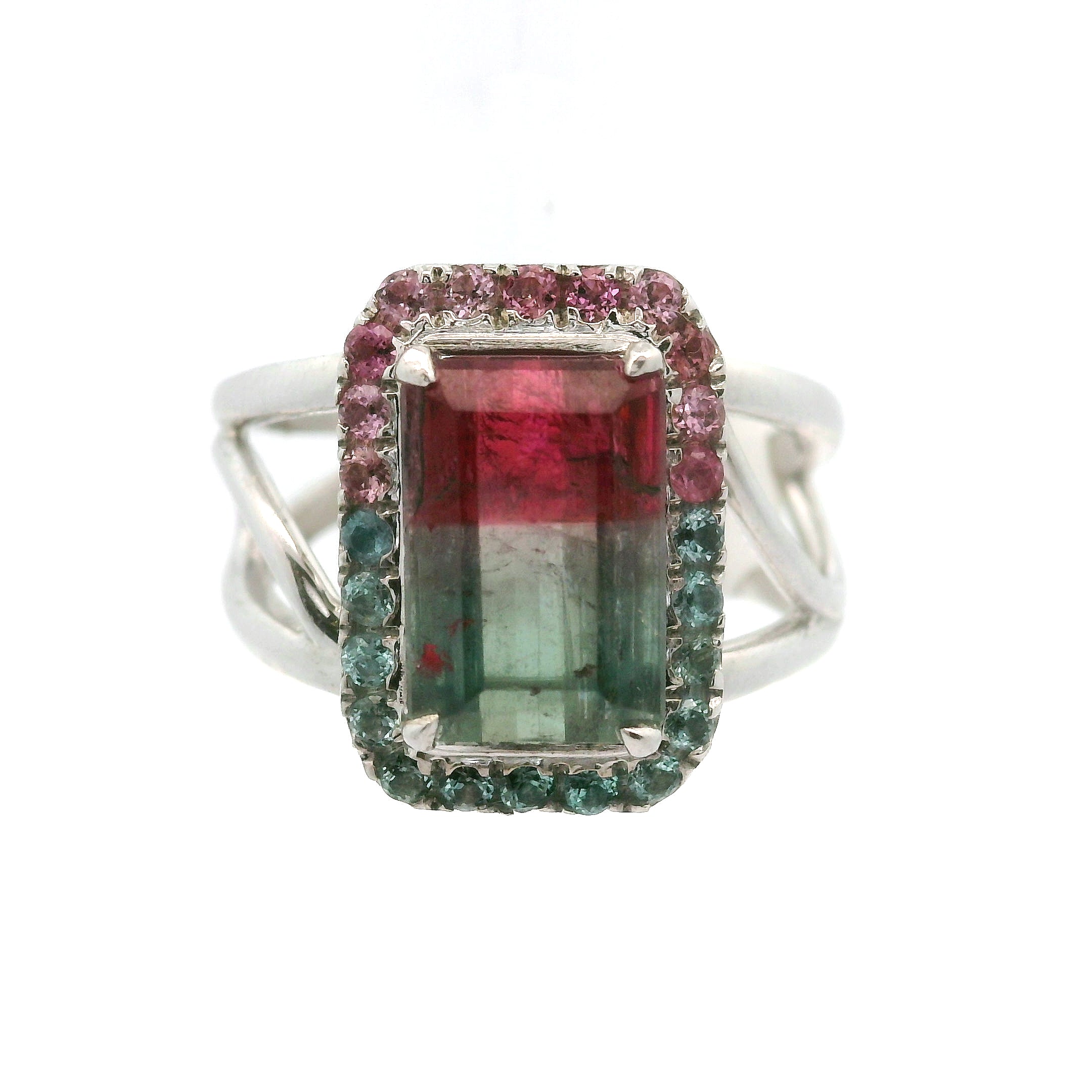 Bi-Color Pink & Blue Tourmaline Pavé Rings .925 Silver for Meditation, Relationships and Happiness