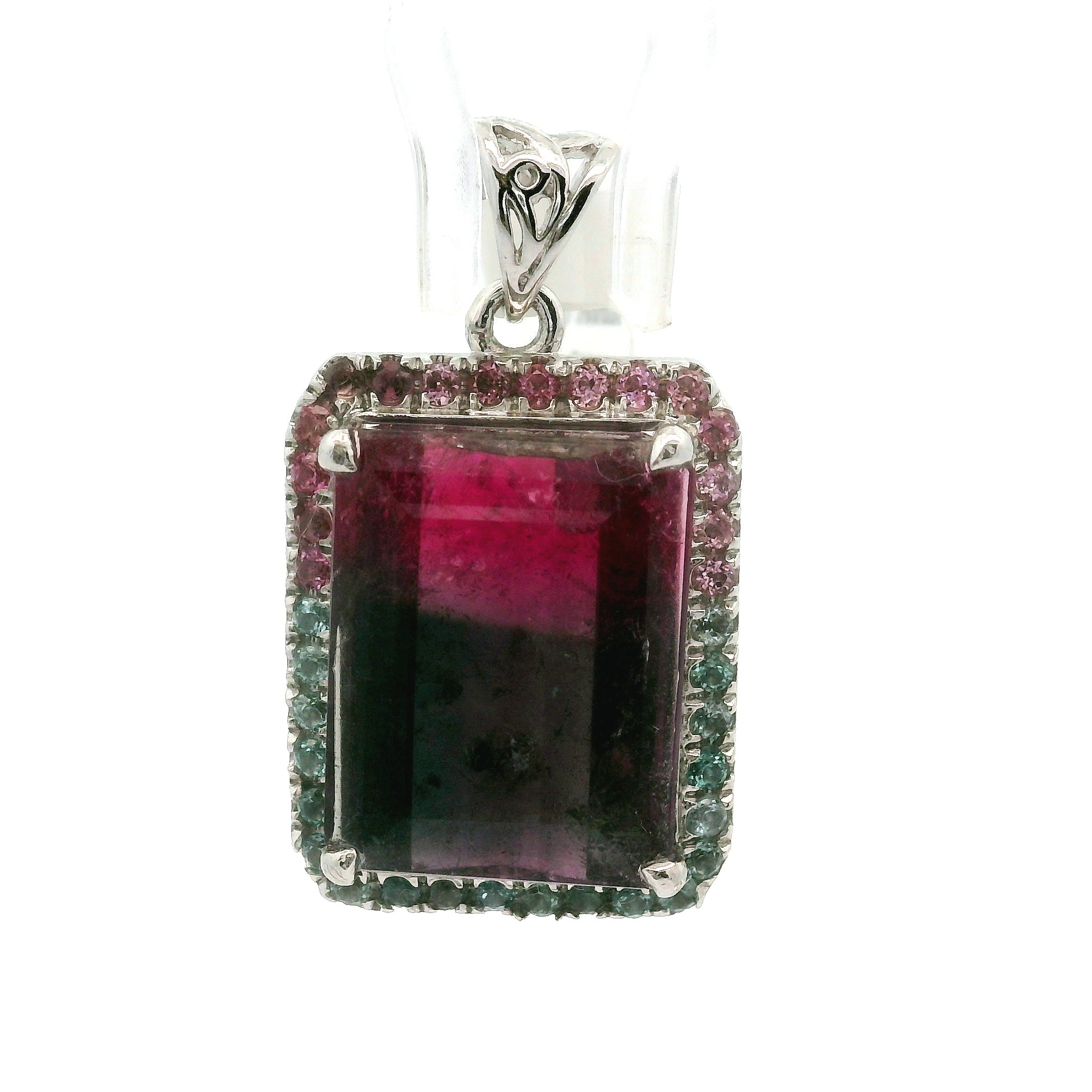 Bi-Color Pink & Blue Tourmaline Pavé Pendants .925 Silver for Meditation, Relationships and Happiness