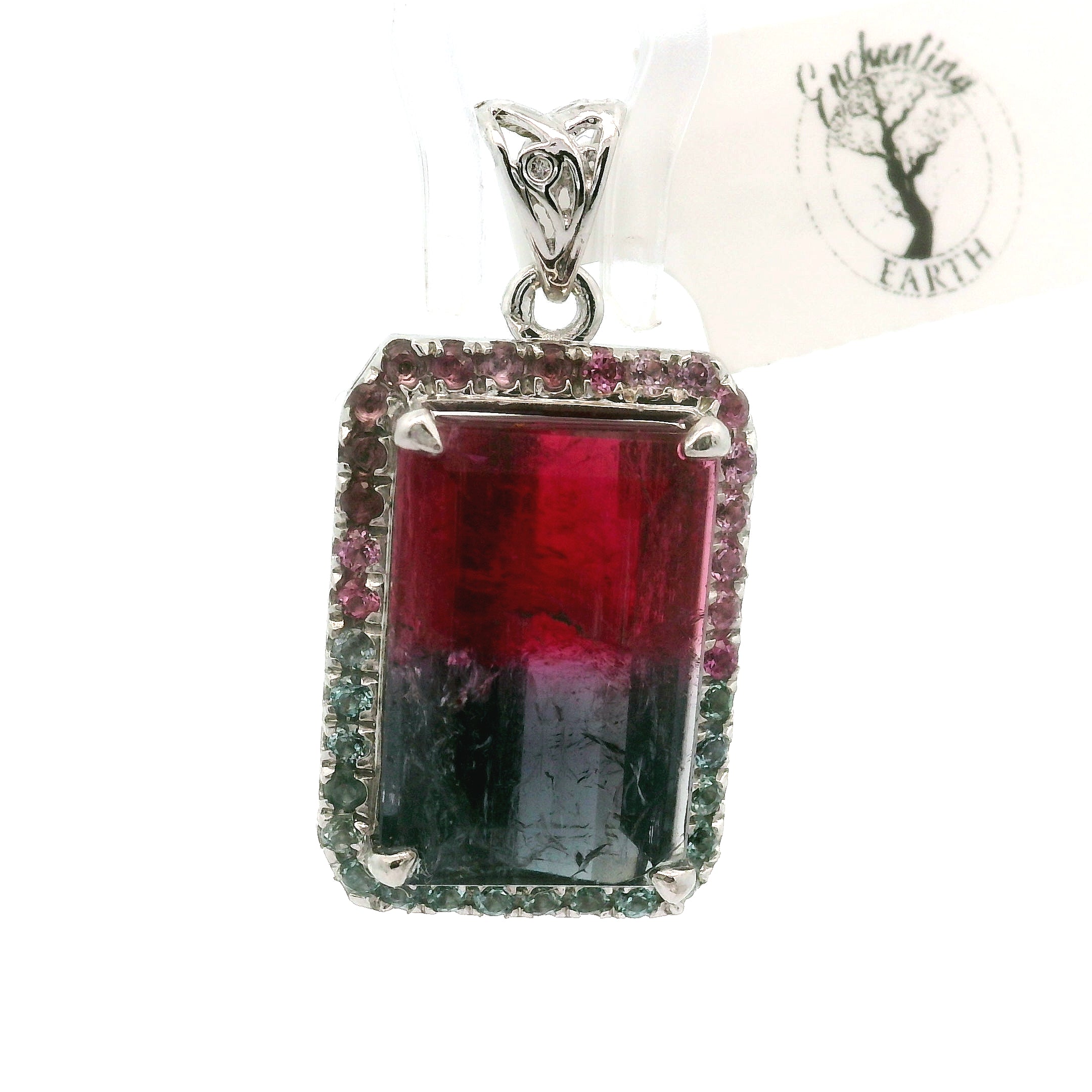 Bi-Color Pink & Blue Tourmaline Pavé Pendants .925 Silver for Meditation, Relationships and Happiness