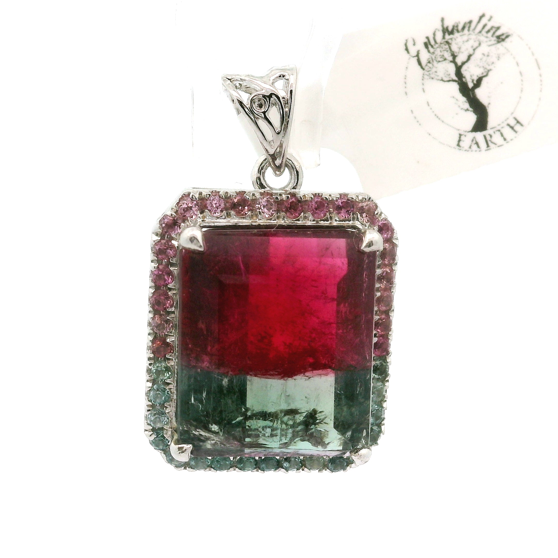 Bi-Color Pink & Blue Tourmaline Pavé Pendants .925 Silver for Meditation, Relationships and Happiness