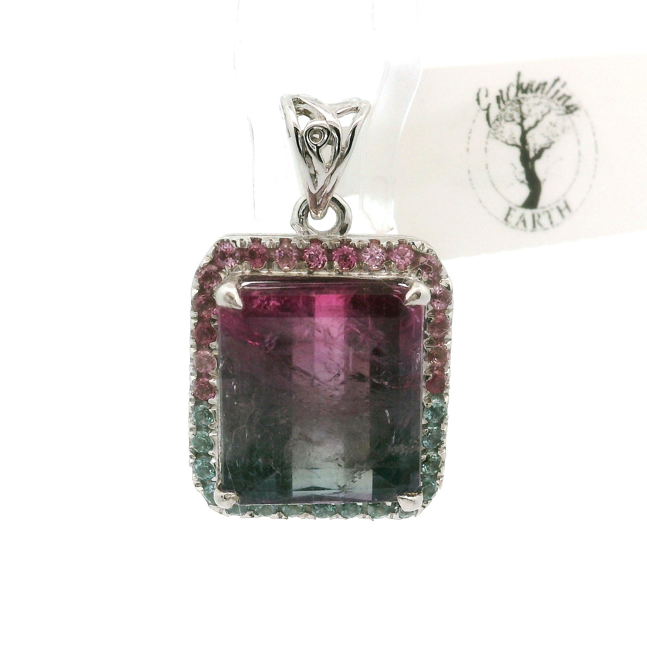 Bi-Color Pink & Blue Tourmaline Pavé Pendants .925 Silver for Meditation, Relationships and Happiness