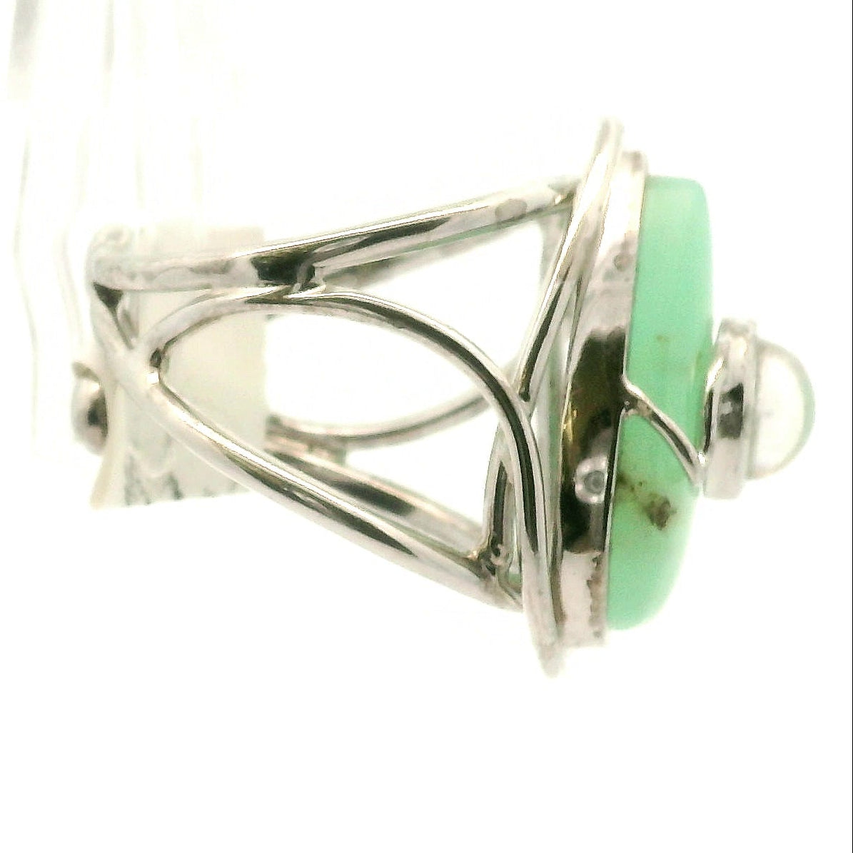 Chrysoprase With Moonstone Cuff Ring .925 Silver for Attract Abundance and New Opportunities
