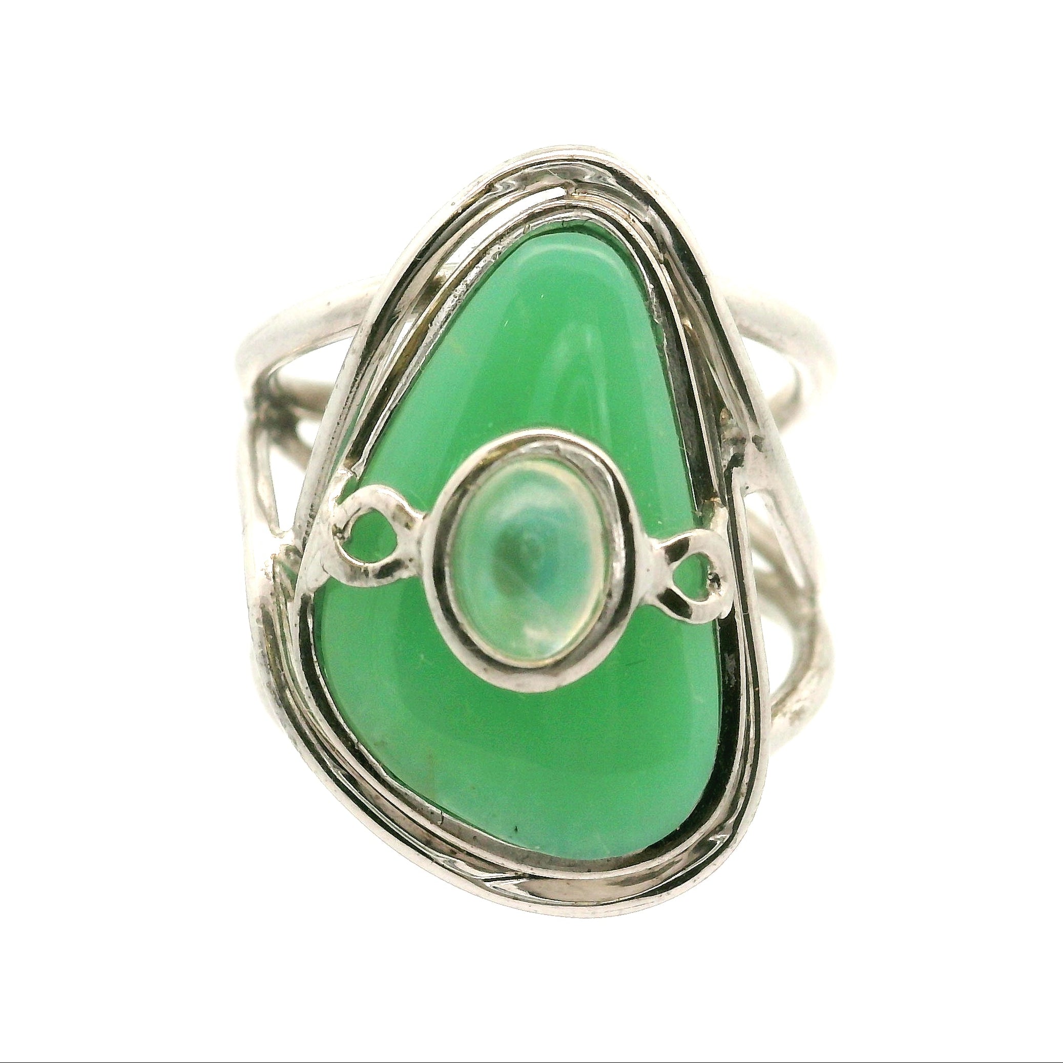 Chrysoprase With Moonstone Cuff Ring .925 Silver for Attract Abundance and New Opportunities