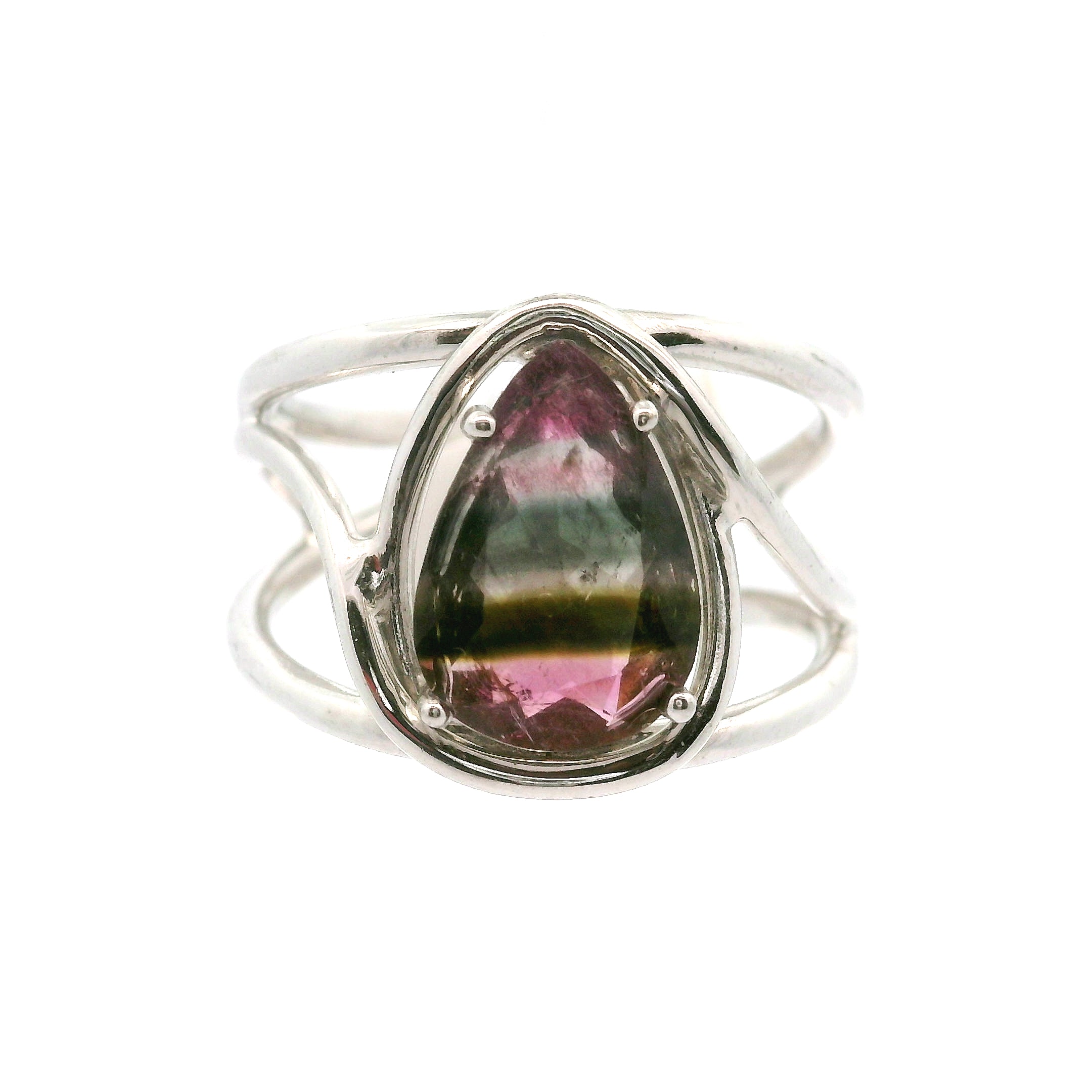 Phantom Watermelon Teardrop Tourmaline Cuff Ring .925 Silver for Profound Compassion and Self-Love