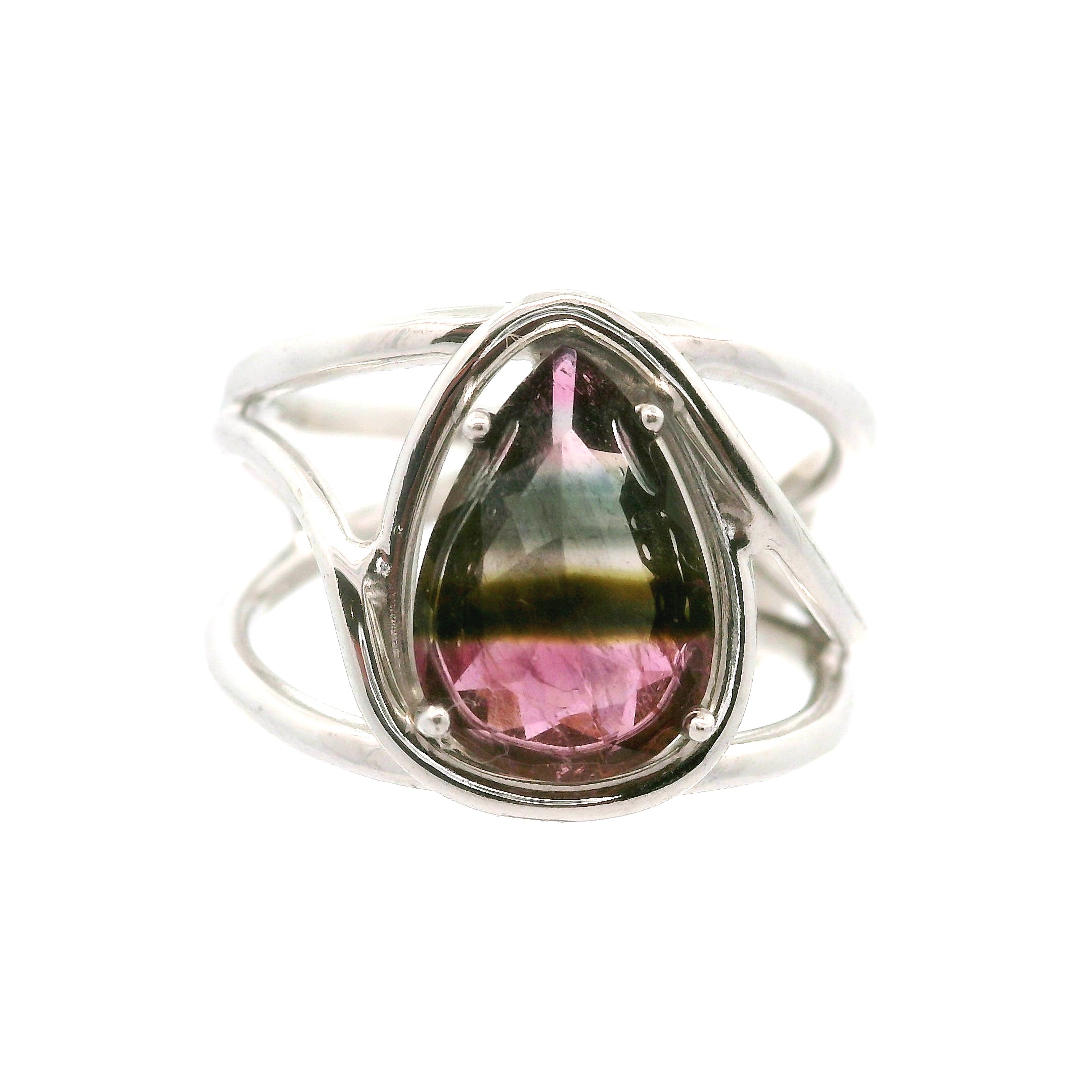Phantom Watermelon Teardrop Tourmaline Cuff Ring .925 Silver for Profound Compassion and Self-Love