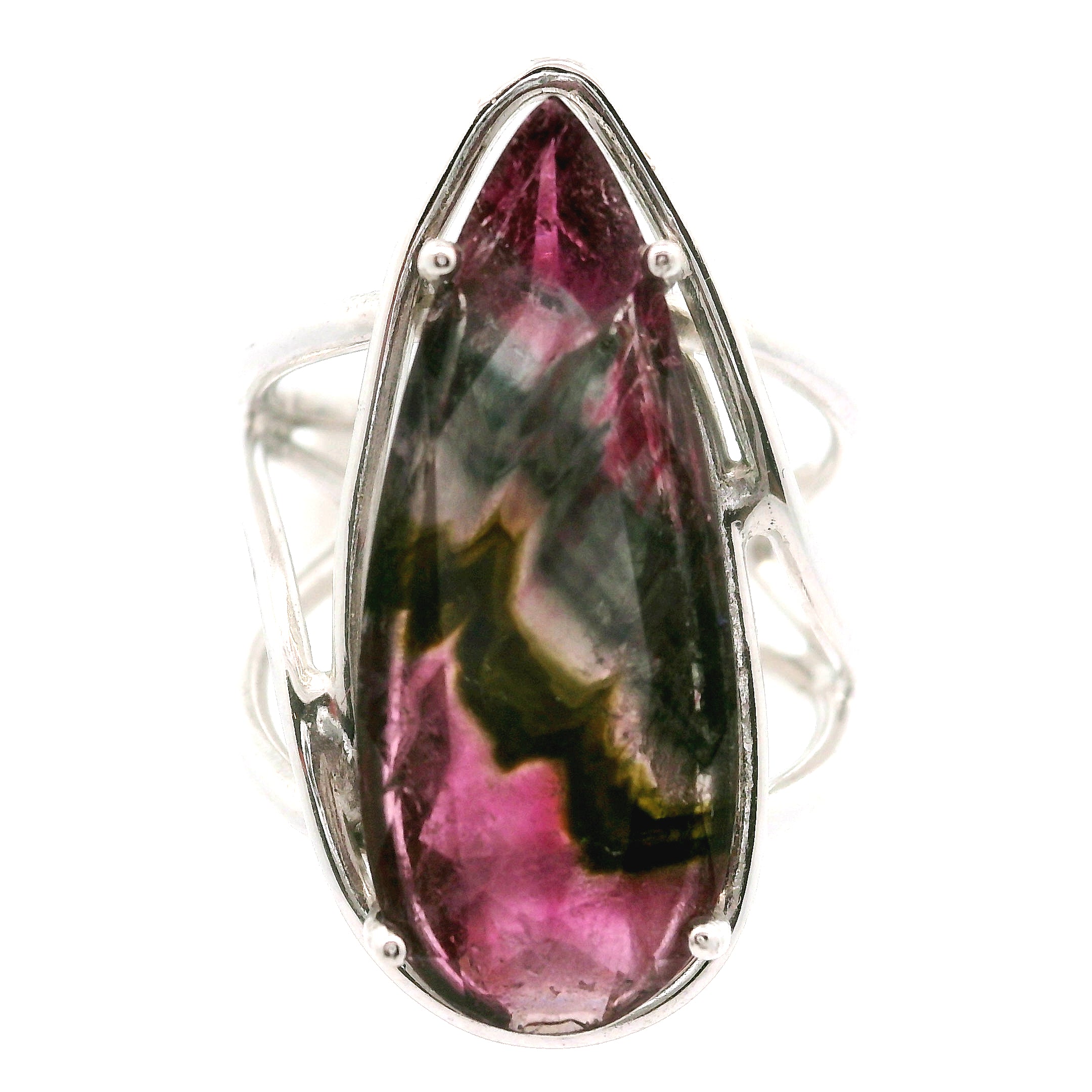 Phantom Watermelon Teardrop Tourmaline Cuff Ring .925 Silver for Profound Compassion and Self-Love
