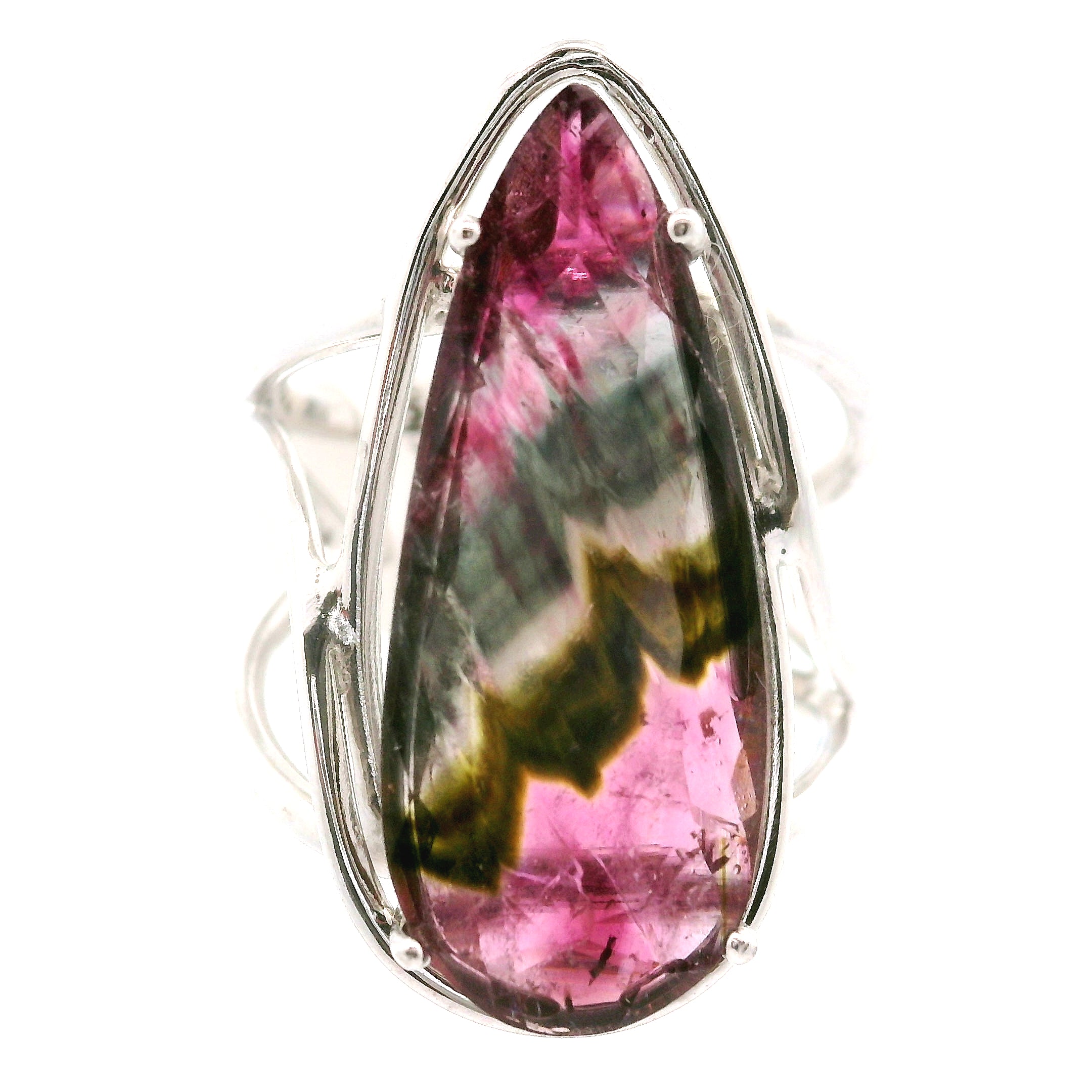 Phantom Watermelon Teardrop Tourmaline Cuff Ring .925 Silver for Profound Compassion and Self-Love