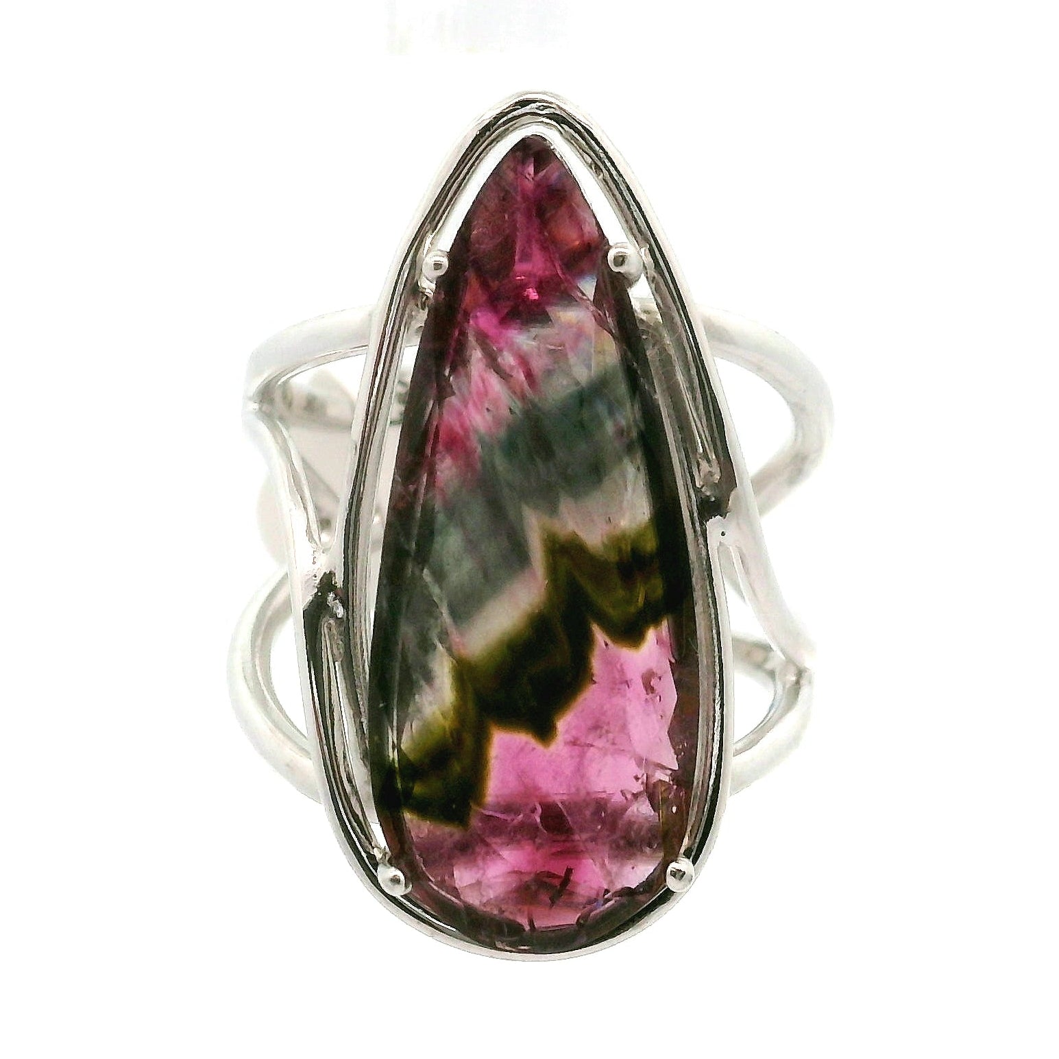 Phantom Watermelon Teardrop Tourmaline Cuff Ring .925 Silver for Profound Compassion and Self-Love