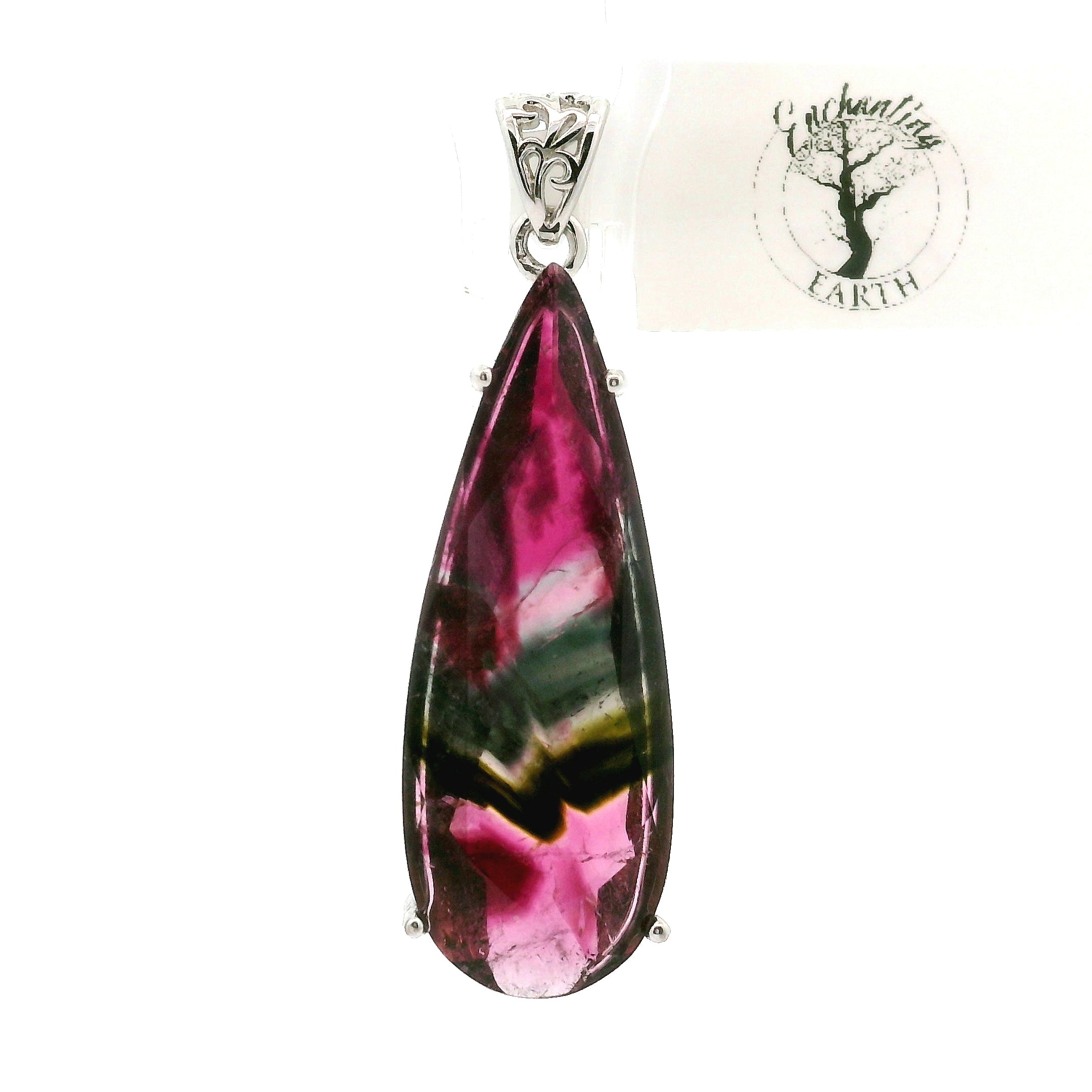 Phantom Watermelon Teardrop Tourmaline Pendant .925 Silver for Profound Compassion and Self-Love