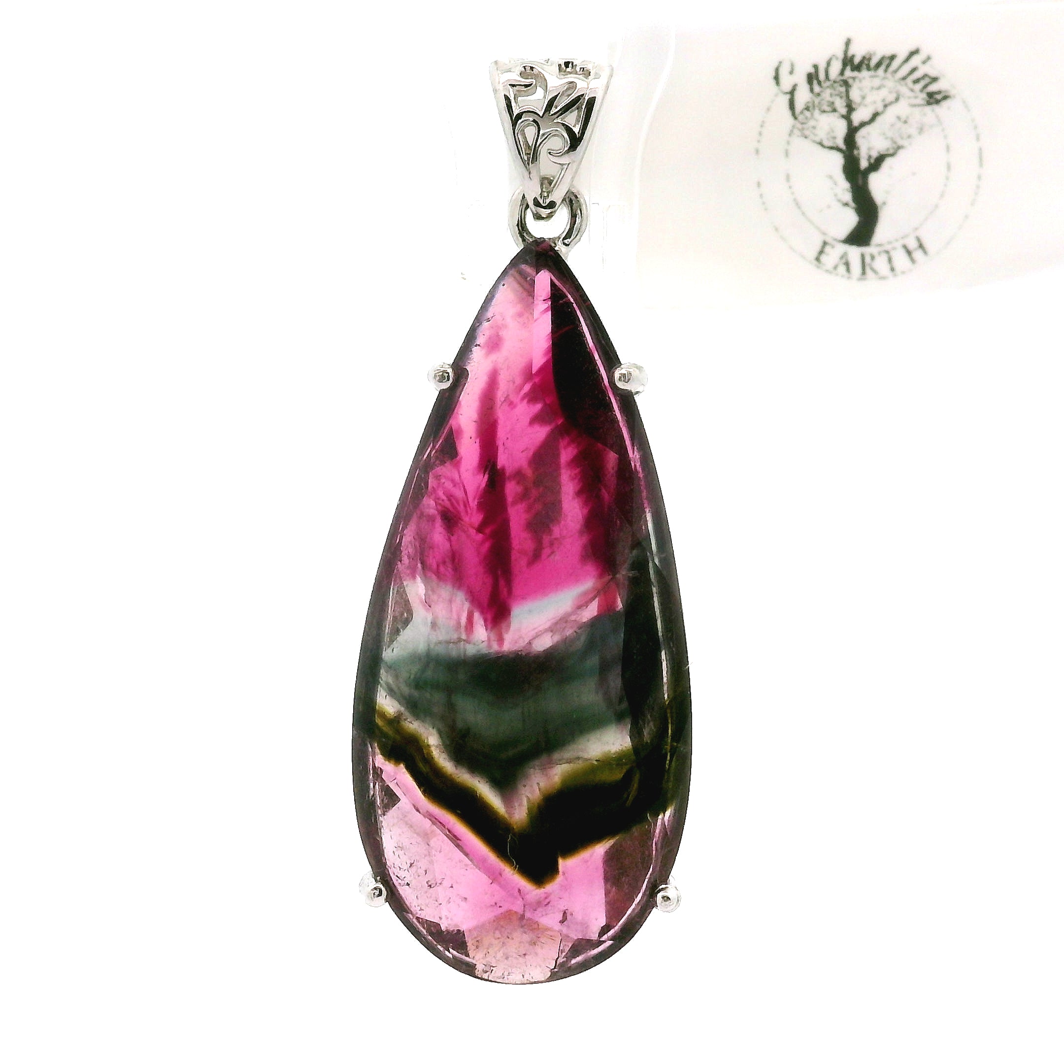 Phantom Watermelon Teardrop Tourmaline Pendant .925 Silver for Profound Compassion and Self-Love