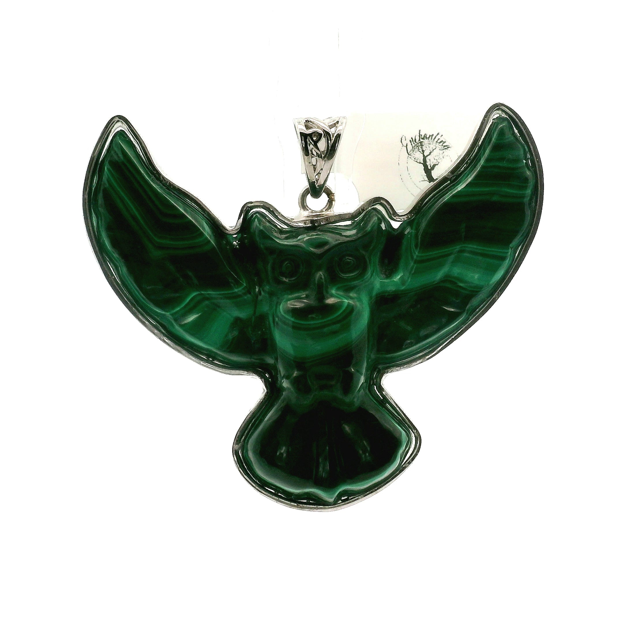 Malachite Carved Owl Pendant .925 Silver for Heightened Intuition, Deep Wisdom and Transformation