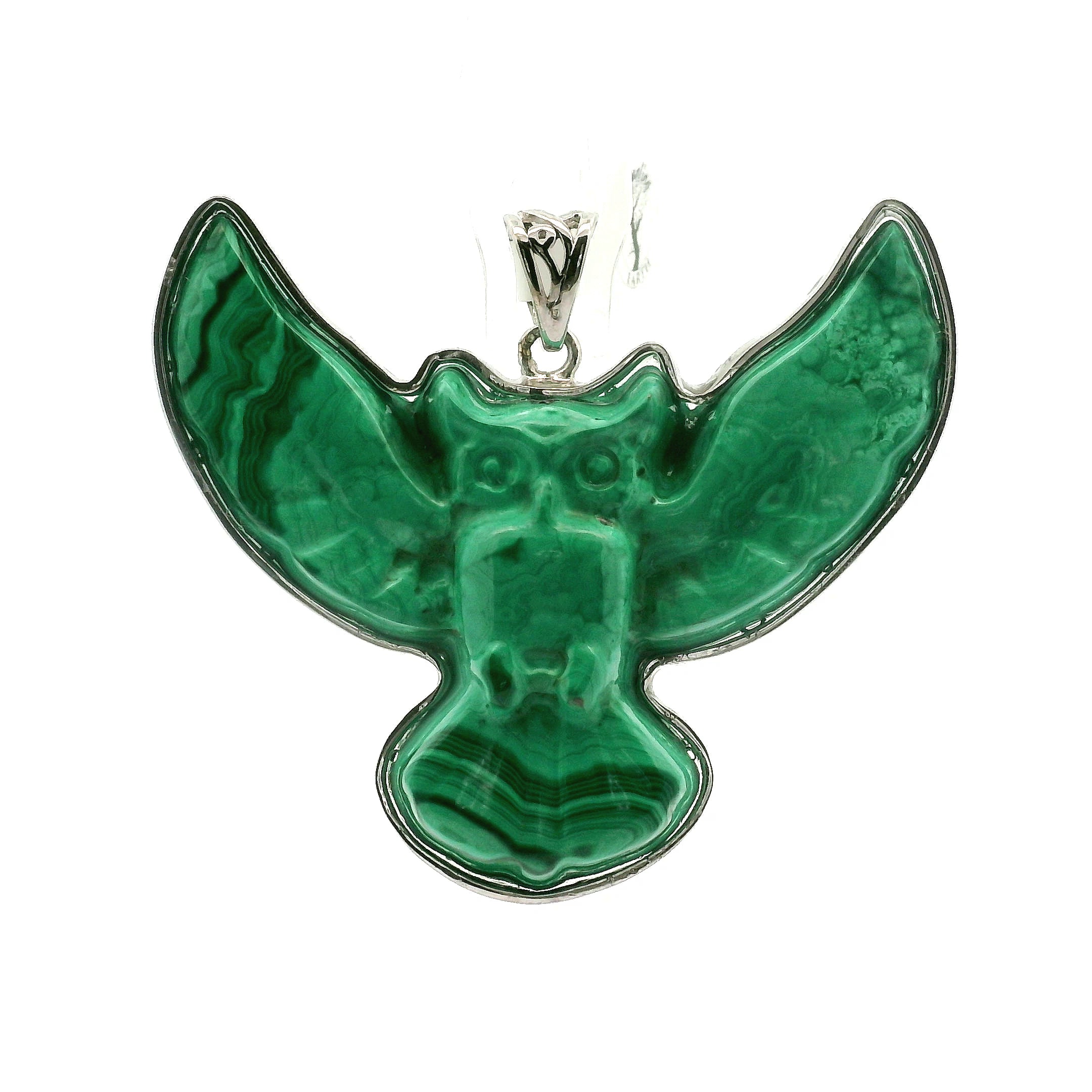 Malachite Carved Owl Pendant .925 Silver for Heightened Intuition, Deep Wisdom and Transformation