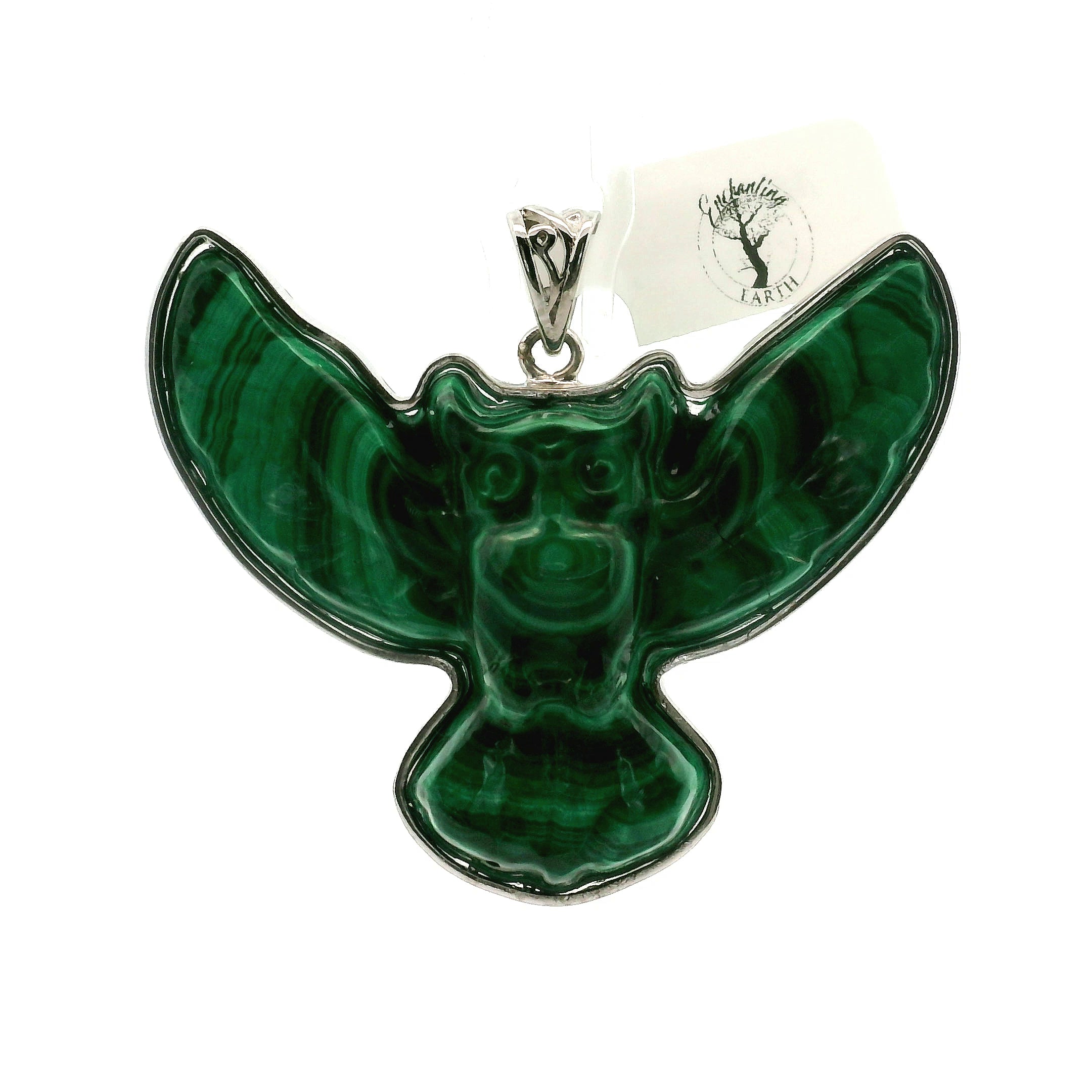 Malachite Carved Owl Pendant .925 Silver for Heightened Intuition, Deep Wisdom and Transformation