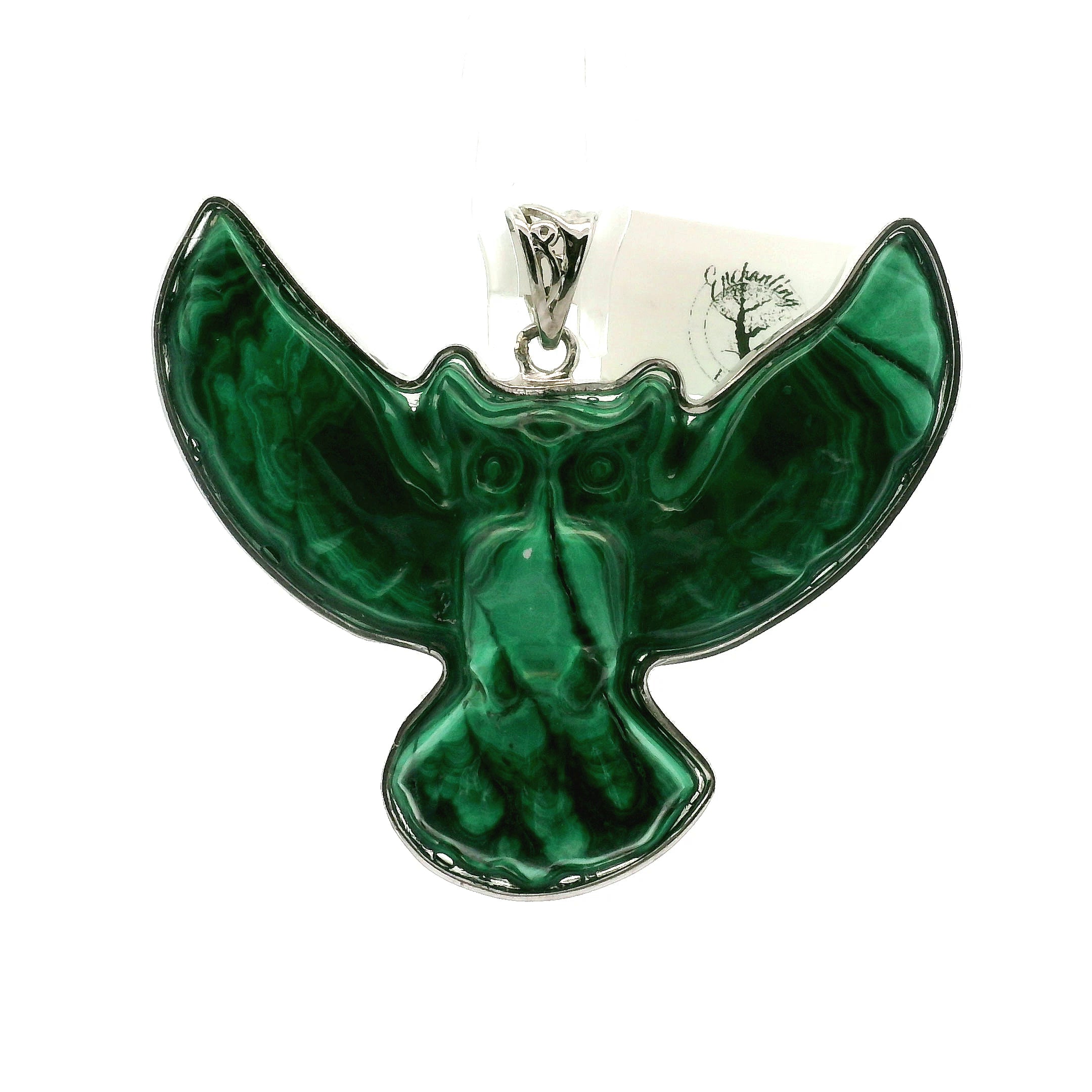Malachite Carved Owl Pendant .925 Silver for Heightened Intuition, Deep Wisdom and Transformation