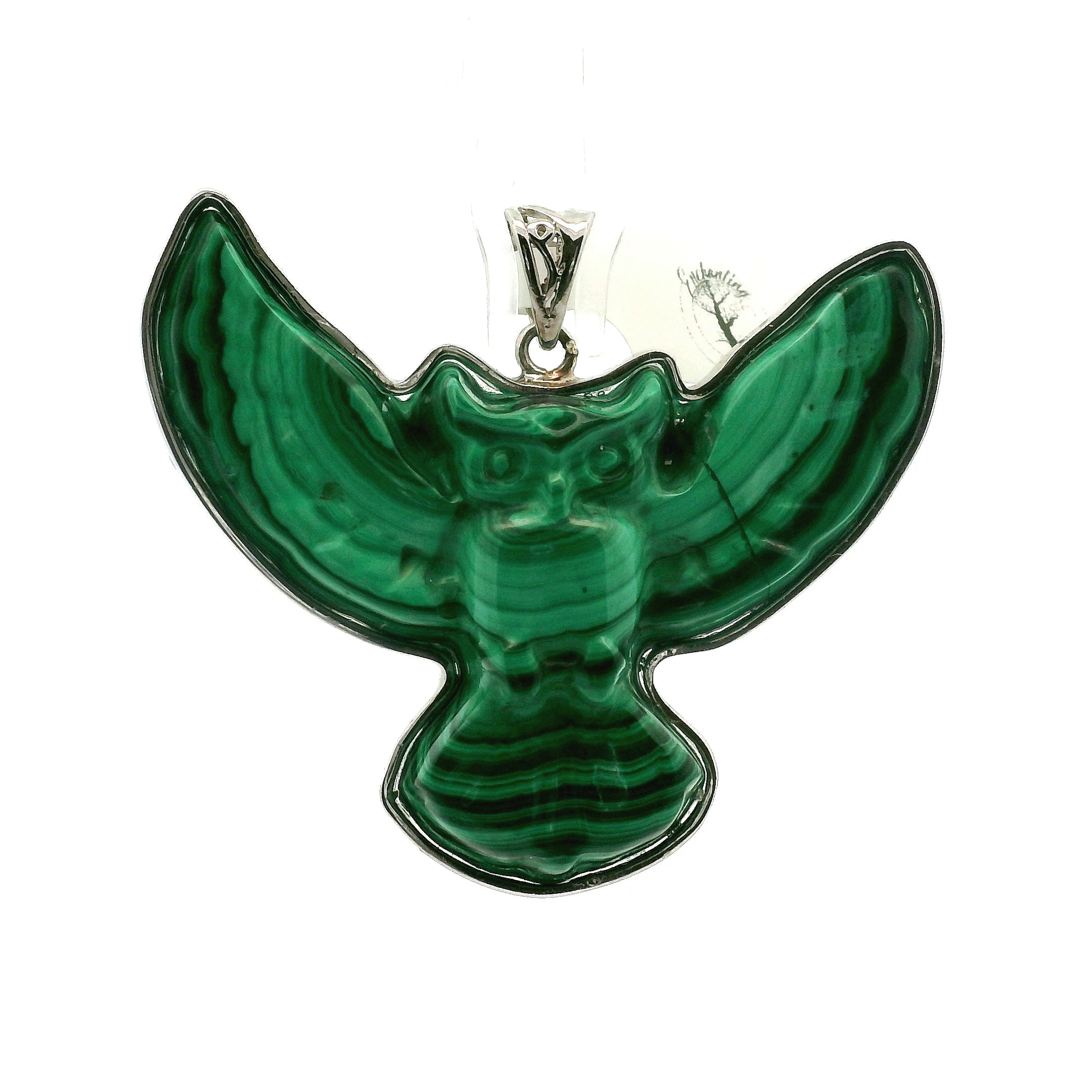 Malachite Carved Owl Pendant .925 Silver for Heightened Intuition, Deep Wisdom and Transformation