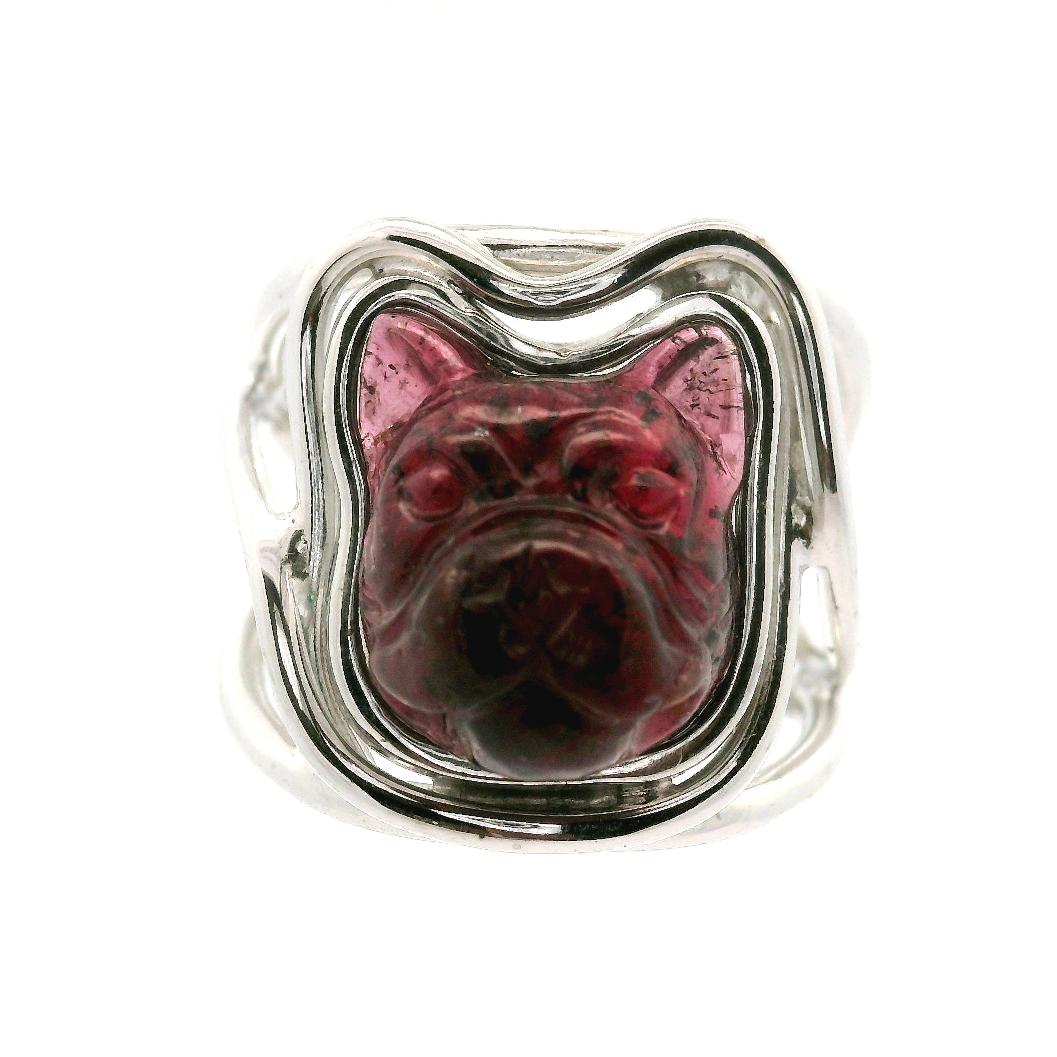 Garnet Carved Frenchie Cuff Ring .925 Silver for Adaptability and Unwavering Loyalty