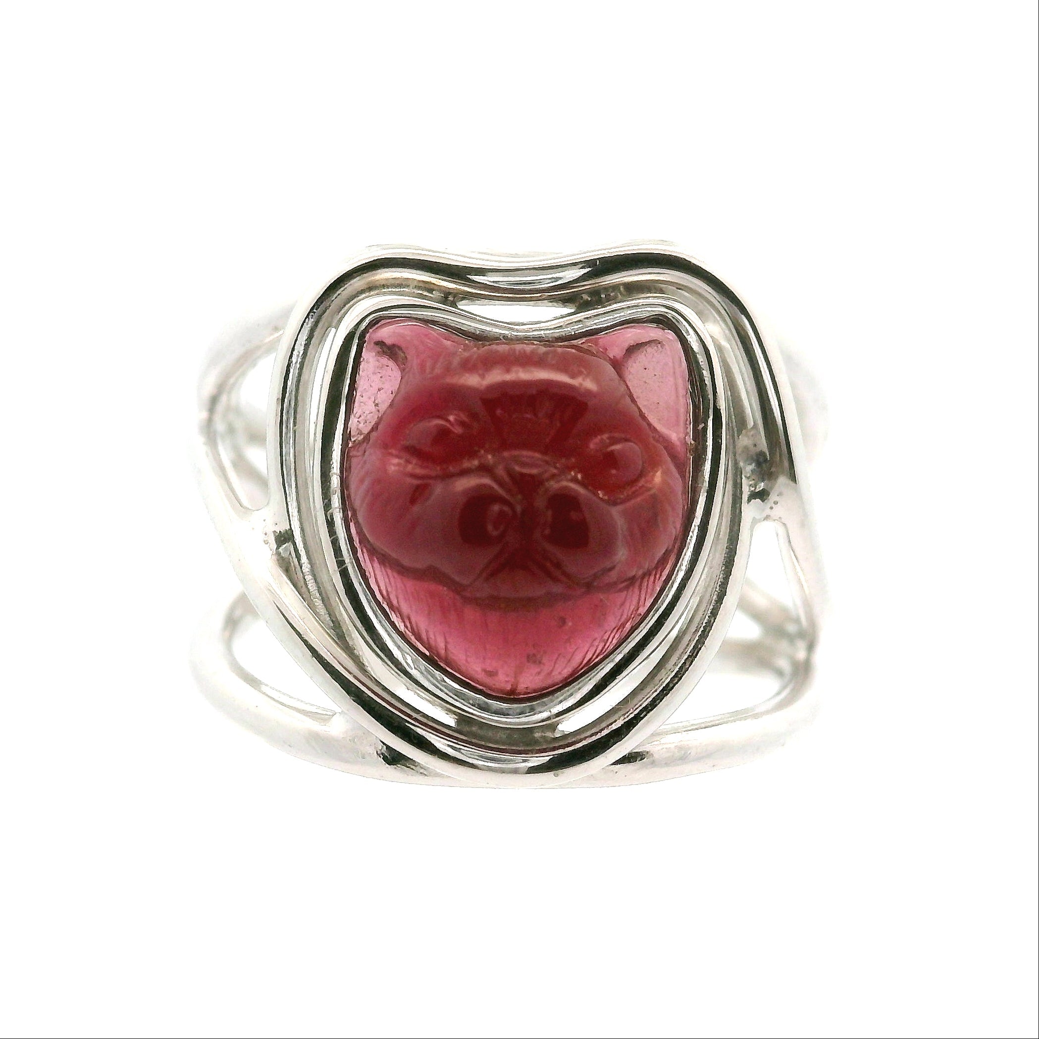 Garnet Carved Feline Cuff Ring .925 Silver for Intuition, Energetic Protection and Connection to Mystery