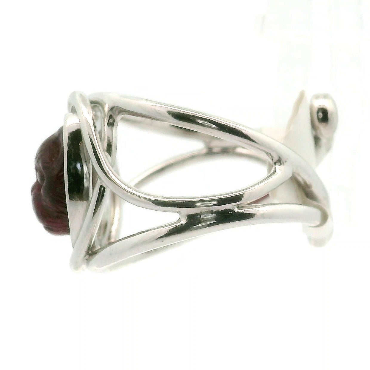 Garnet Carved Feline Cuff Ring .925 Silver for Intuition, Energetic Protection and Connection to Mystery