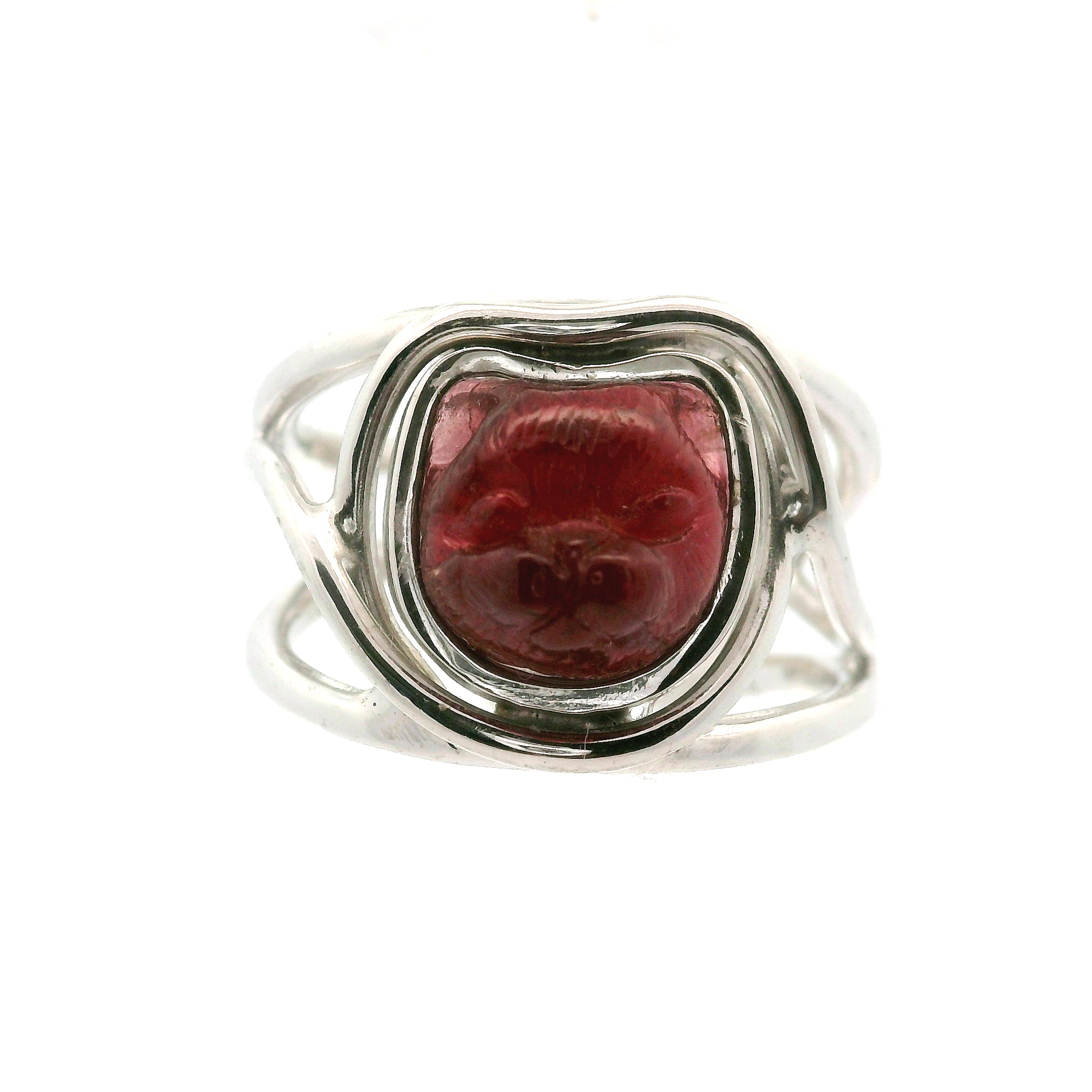 Garnet Carved Feline Cuff Ring .925 Silver for Intuition, Energetic Protection and Connection to Mystery