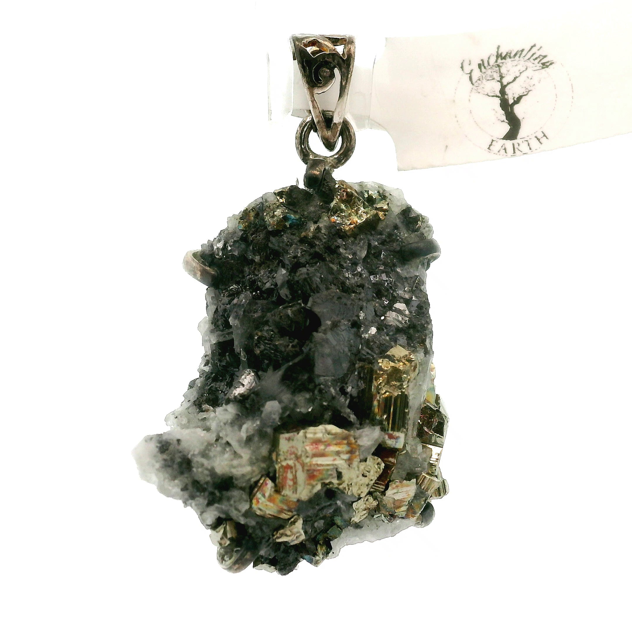Pyrite Galena Quartz Pendant .925 Silver for Luck & Manifestation