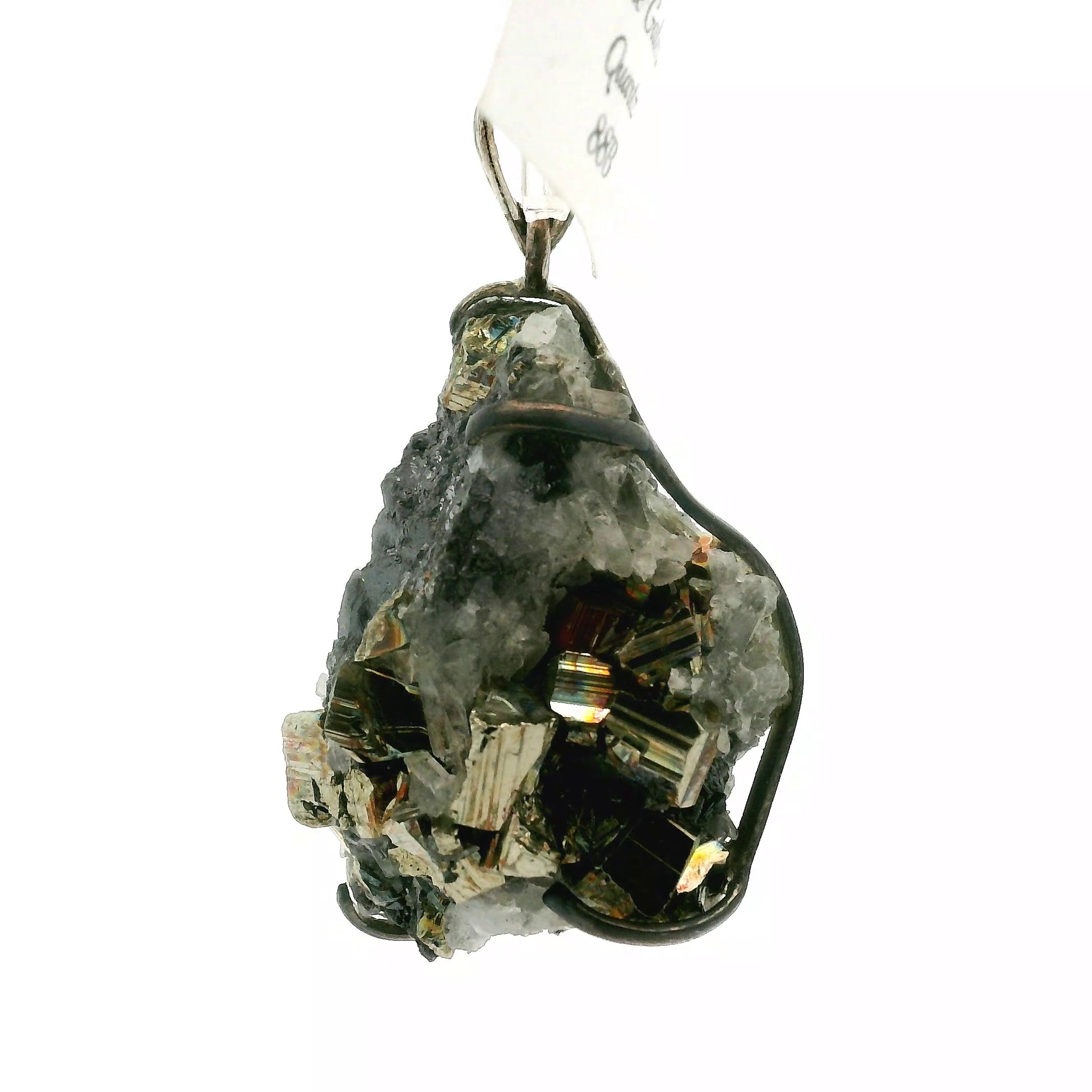 Pyrite Galena Quartz Pendant .925 Silver for Luck & Manifestation