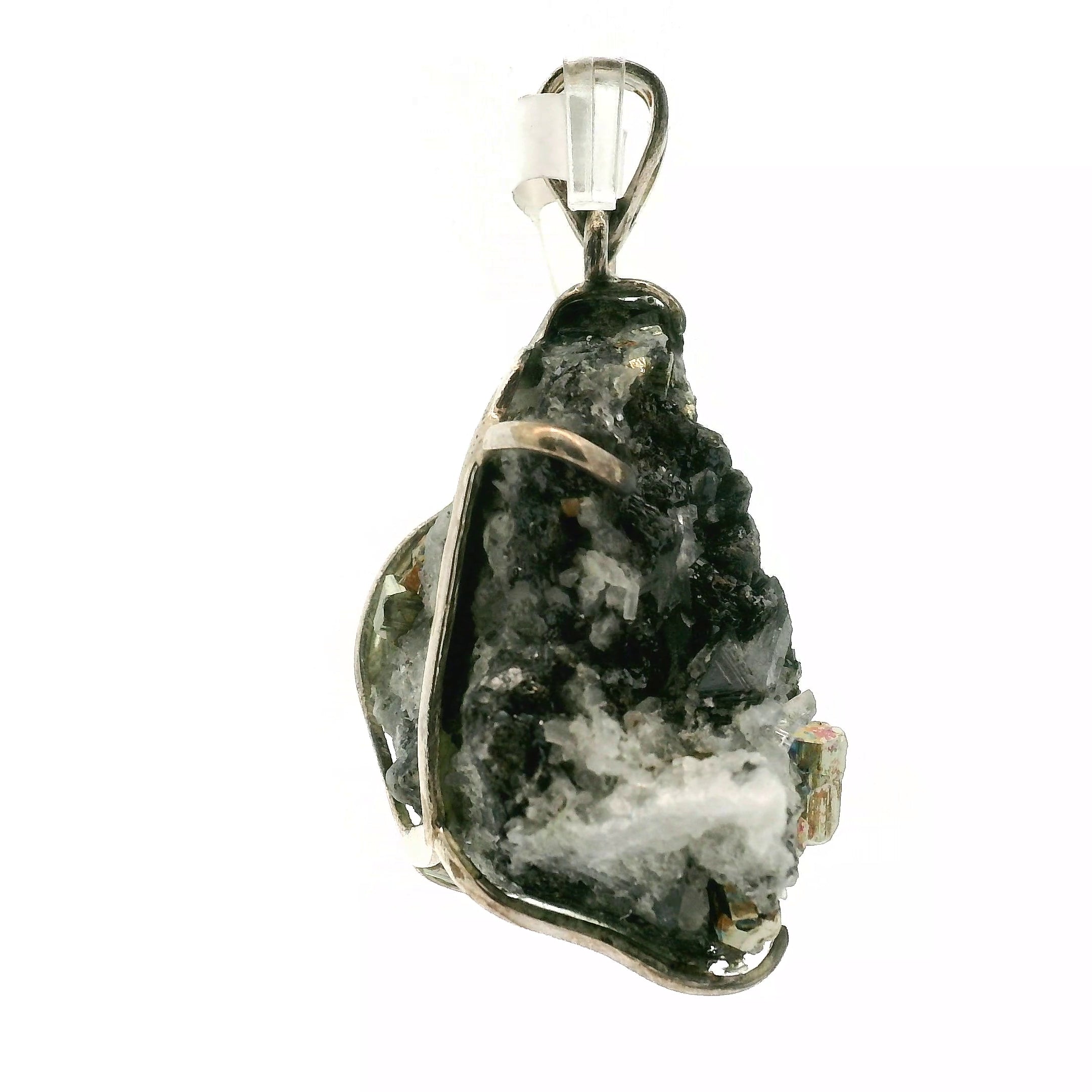 Pyrite Galena Quartz Pendant .925 Silver for Luck & Manifestation