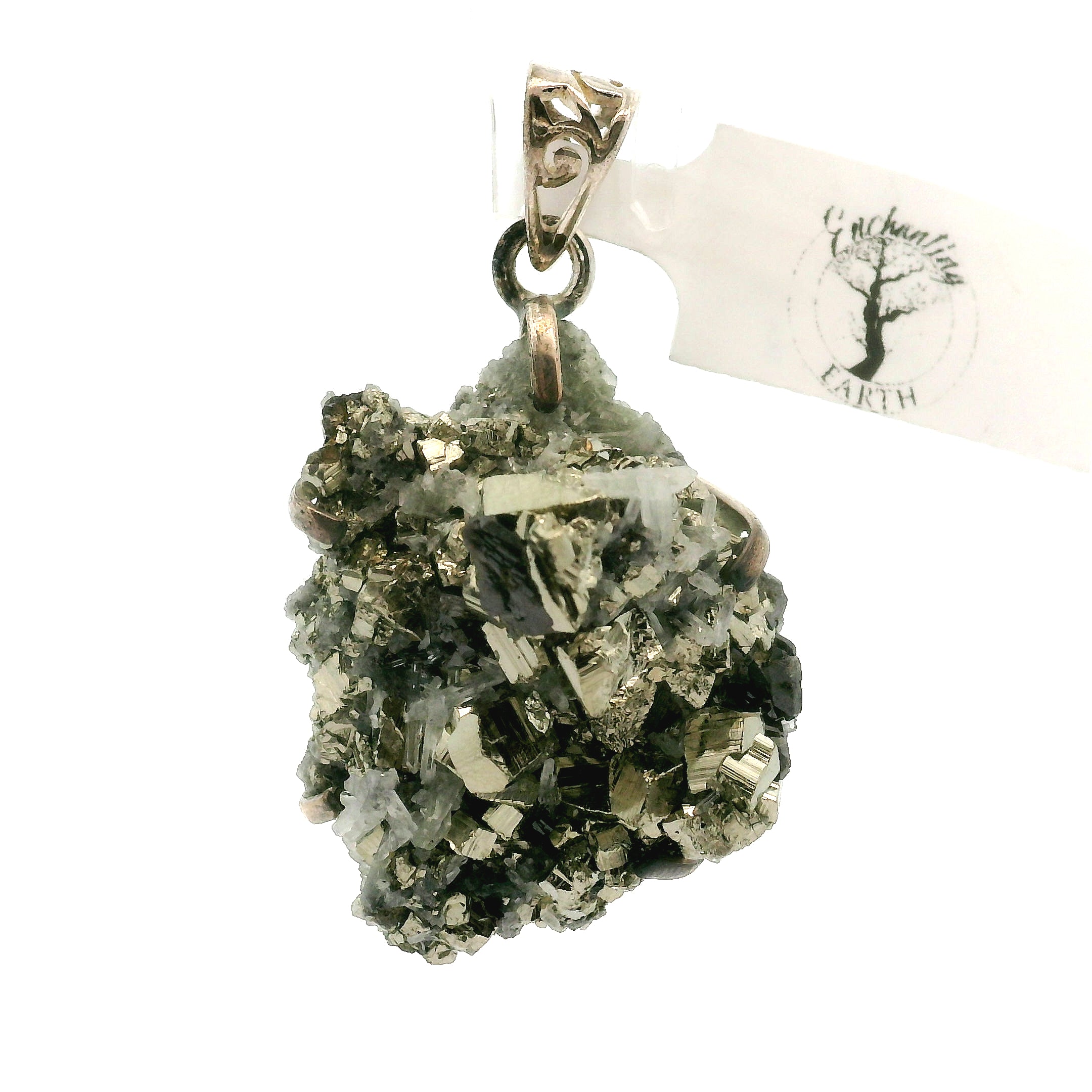 Pyrite Galena Quartz Pendant .925 Silver for Luck & Manifestation