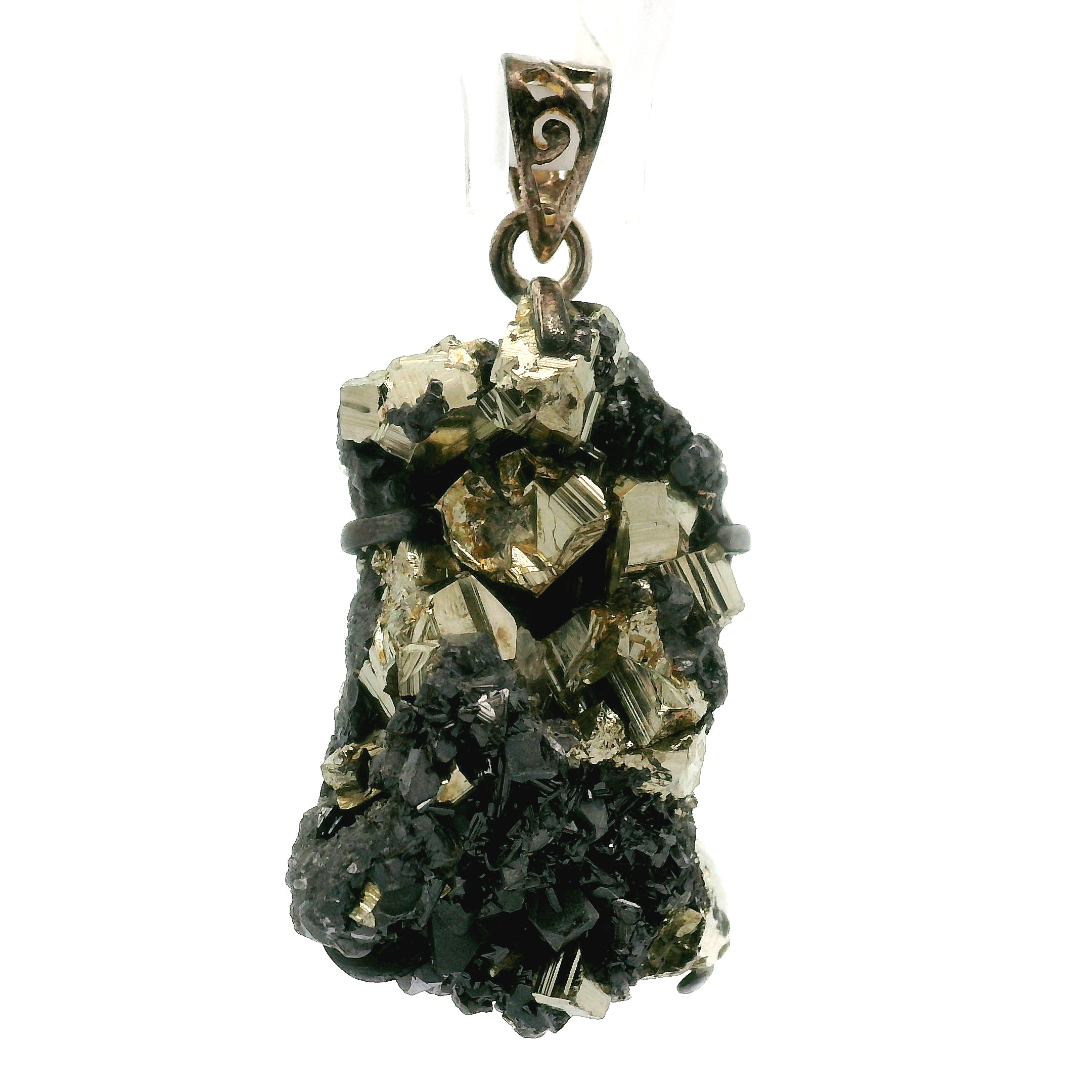 Pyrite Galena Quartz Pendant .925 Silver for Luck & Manifestation