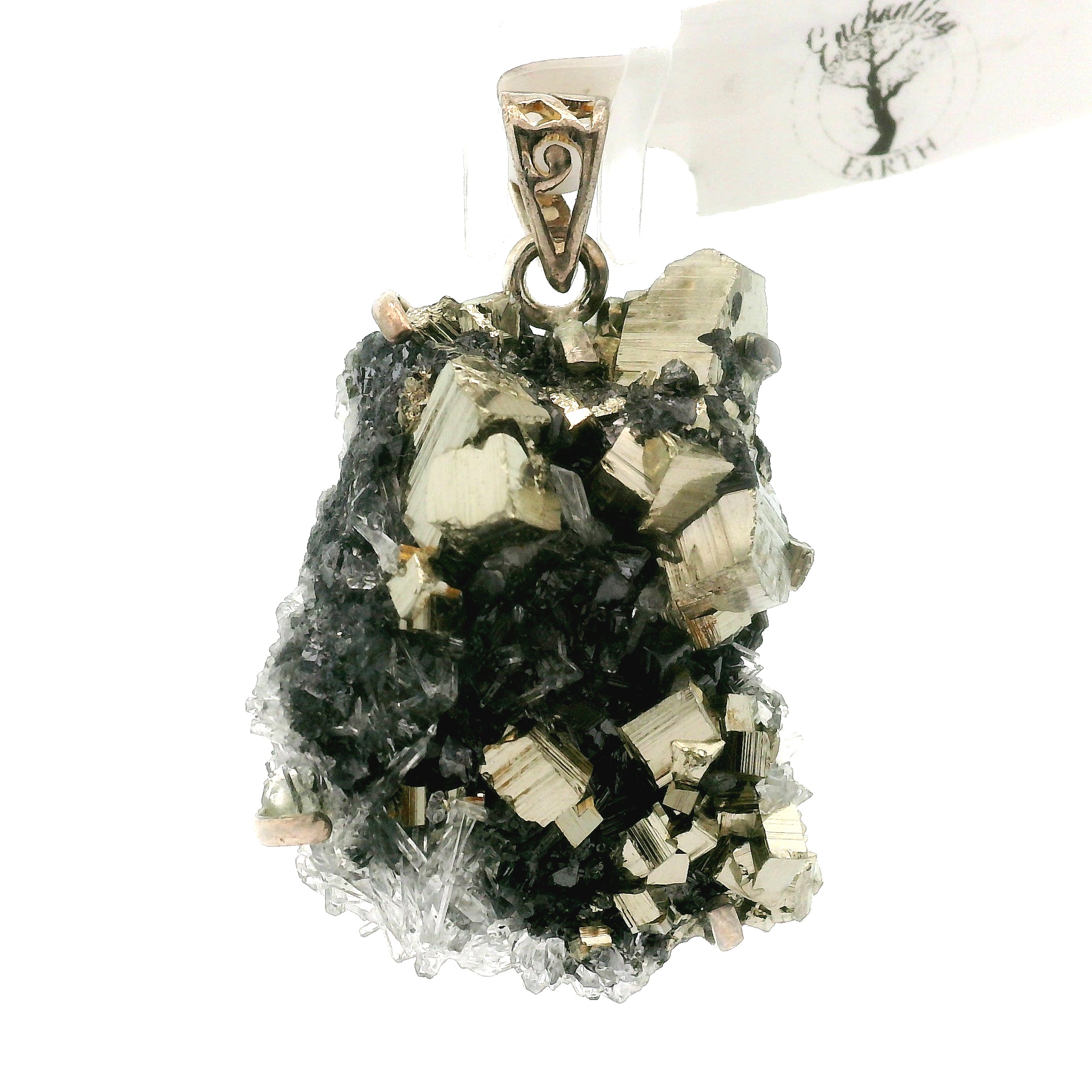 Pyrite Galena Quartz Pendant .925 Silver for Luck & Manifestation
