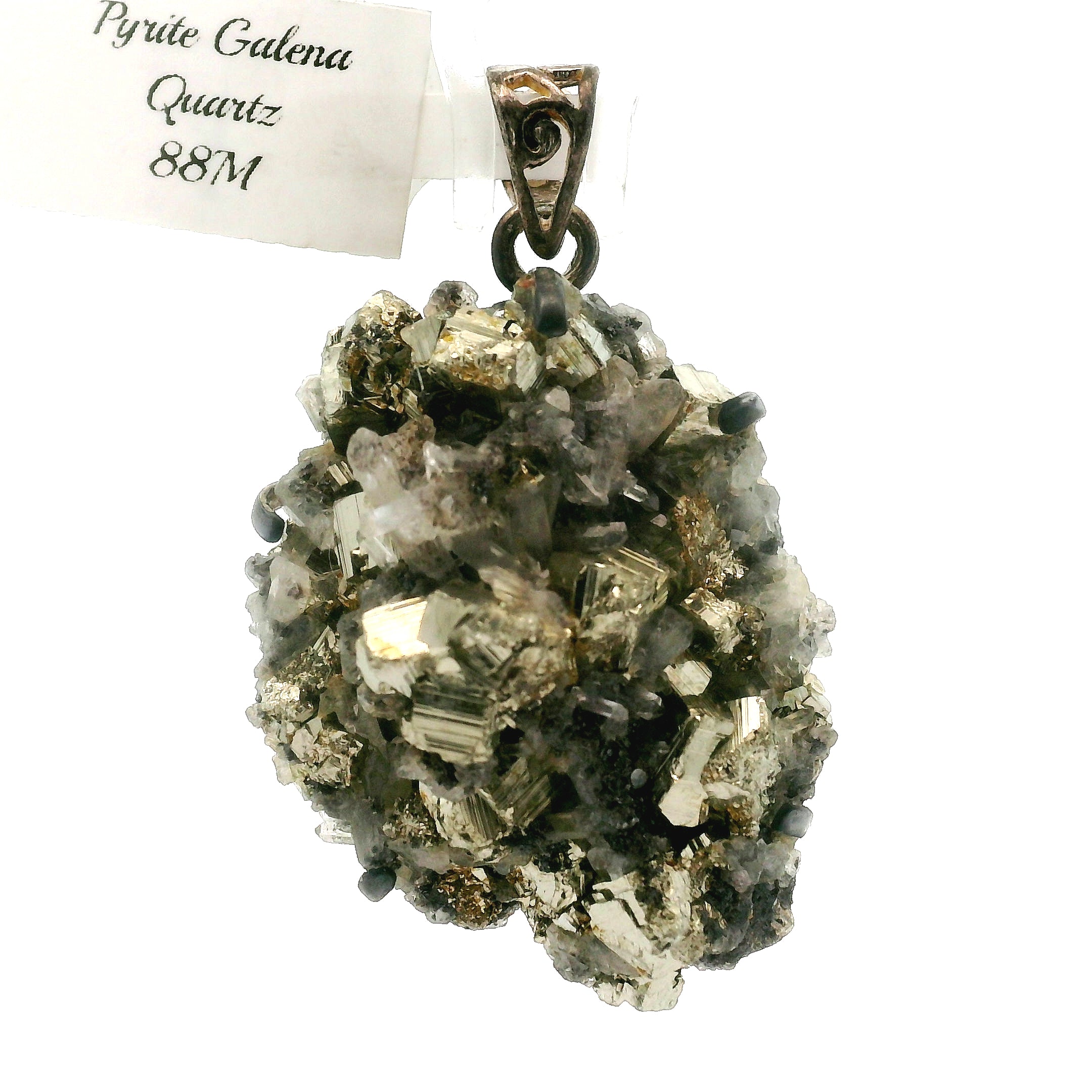 Pyrite Galena Quartz Pendant .925 Silver for Luck & Manifestation