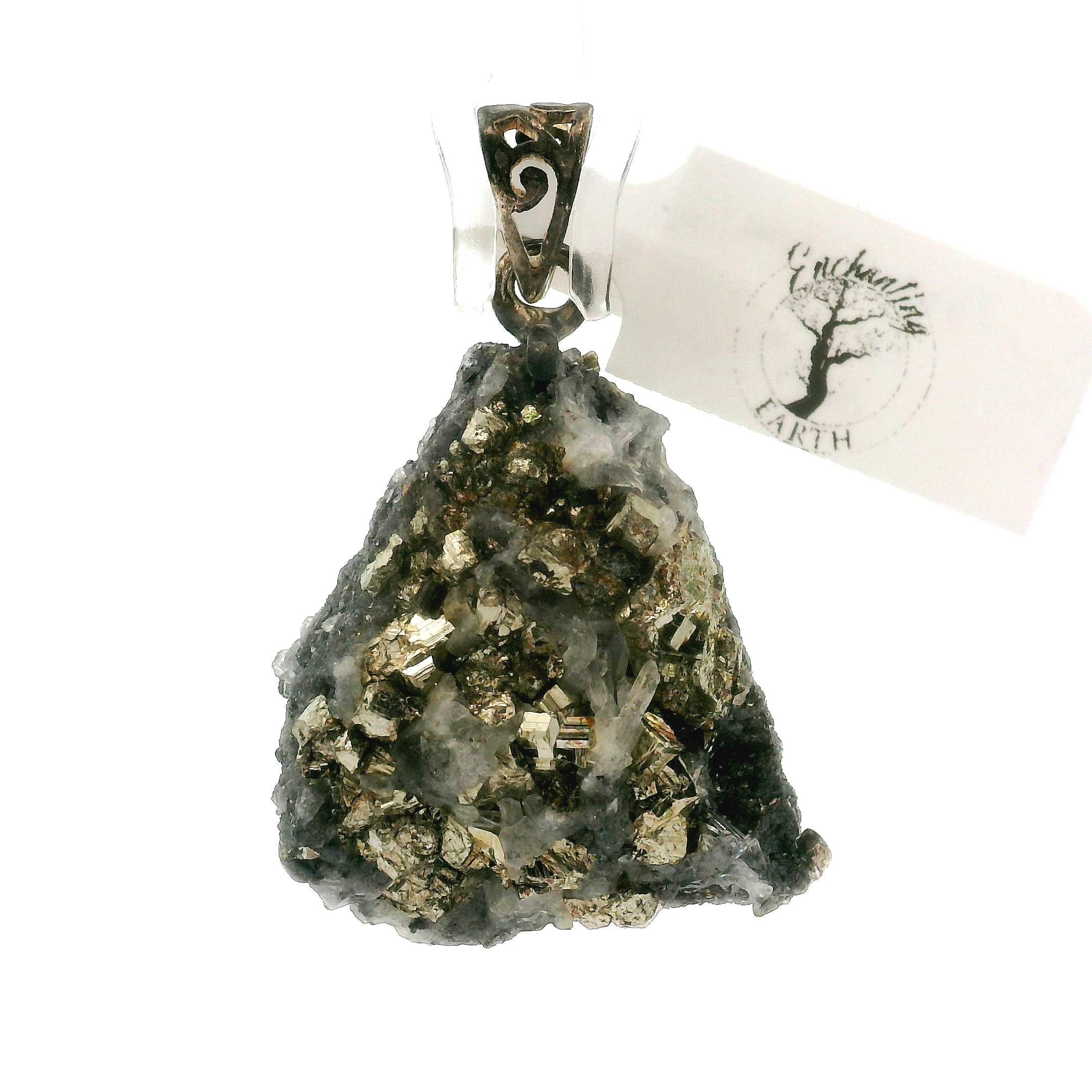 Pyrite Galena Quartz Pendant .925 Silver for Luck & Manifestation