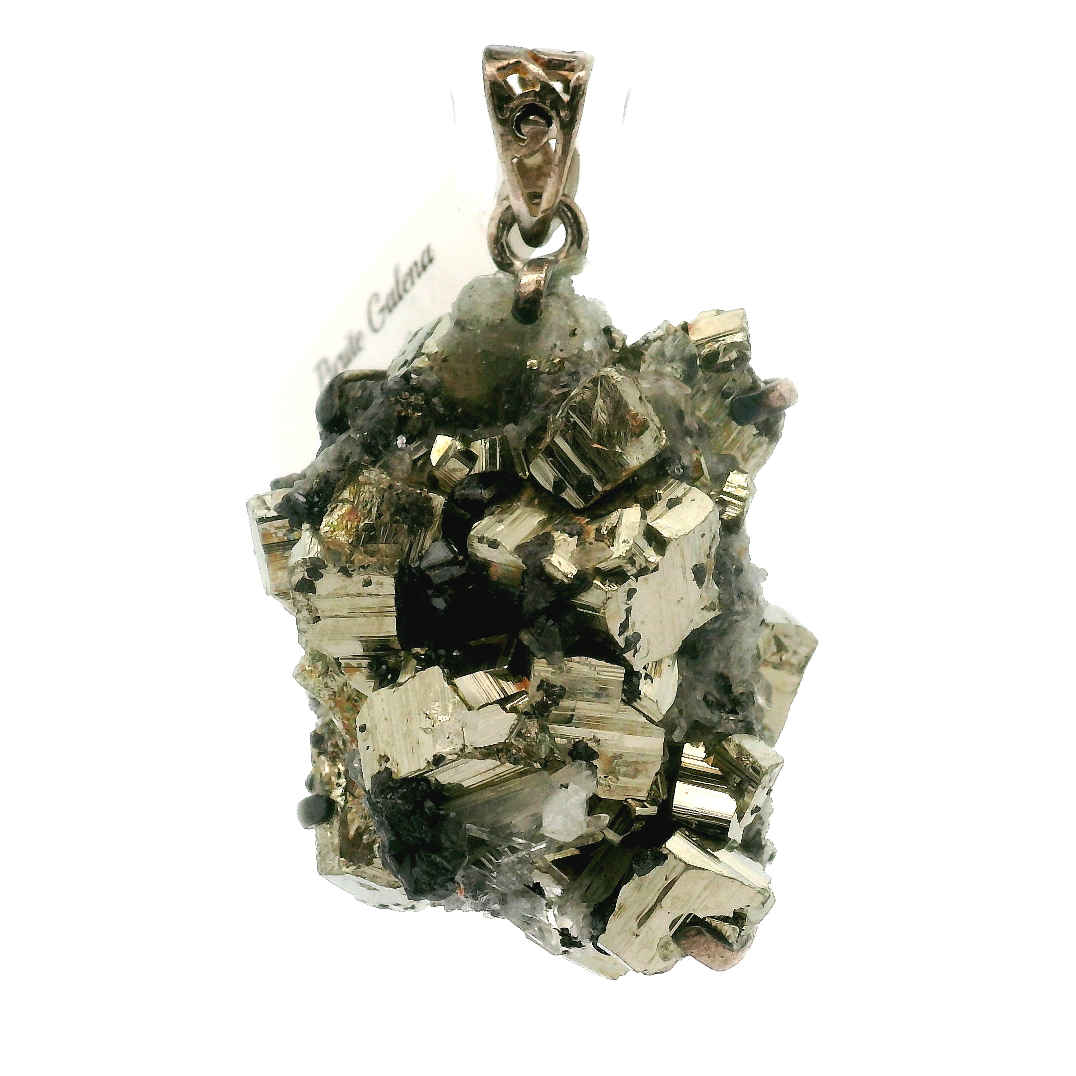 Pyrite Galena Quartz Pendant .925 Silver for Luck & Manifestation