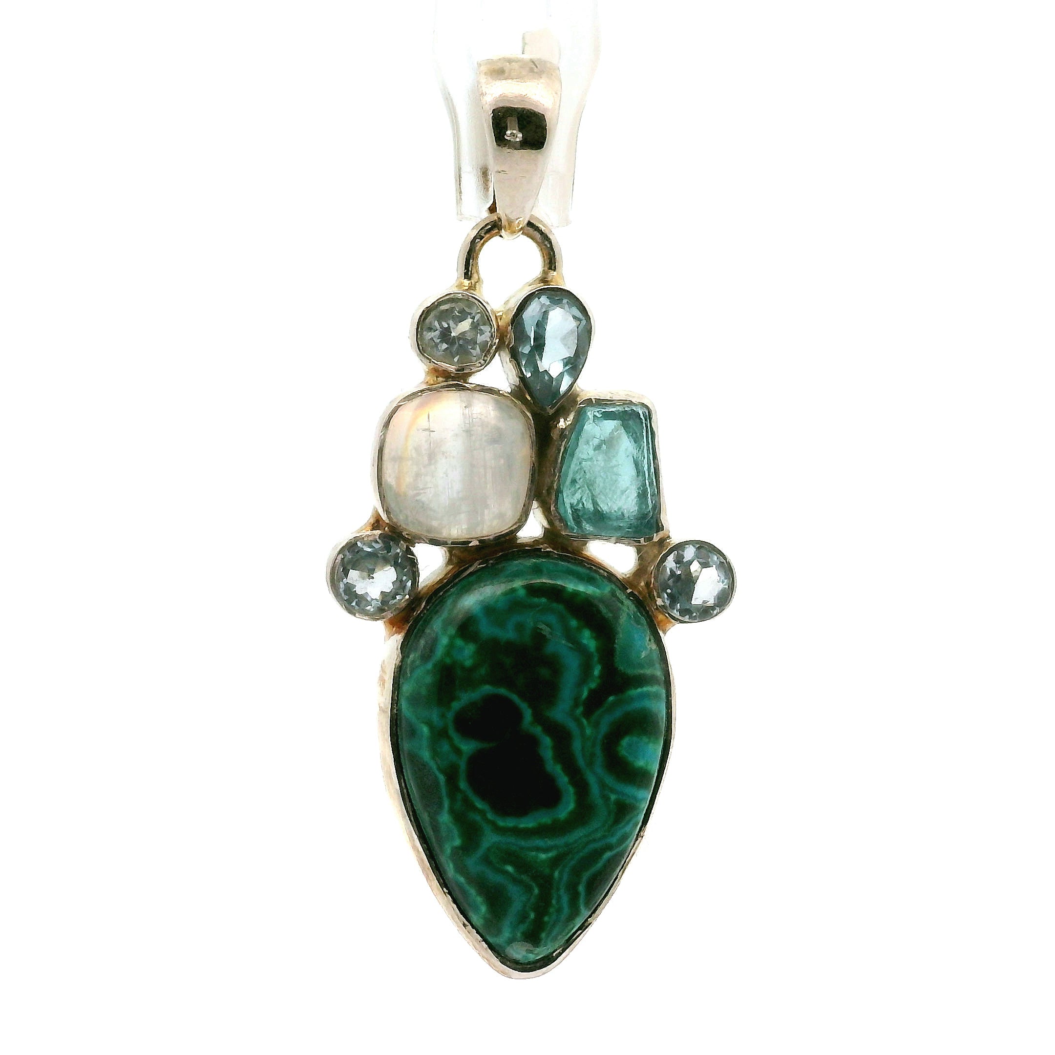 Malachite Multi-Stone Pendant .925 Silver for Abundance, Luck and Transformation
