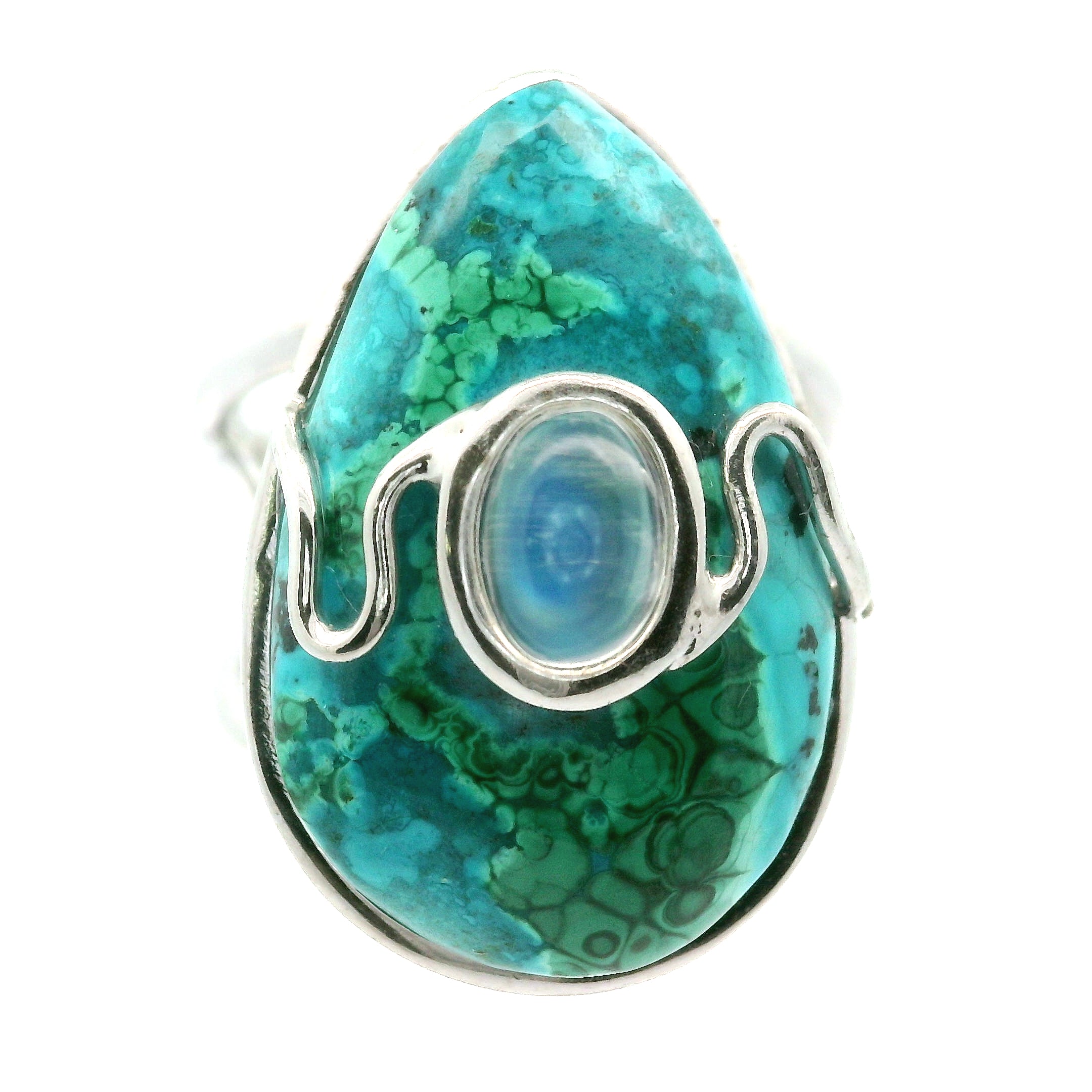 Malachola With Moonstone Ring .925 Silver for Encouraging Surrender to the Divine Will