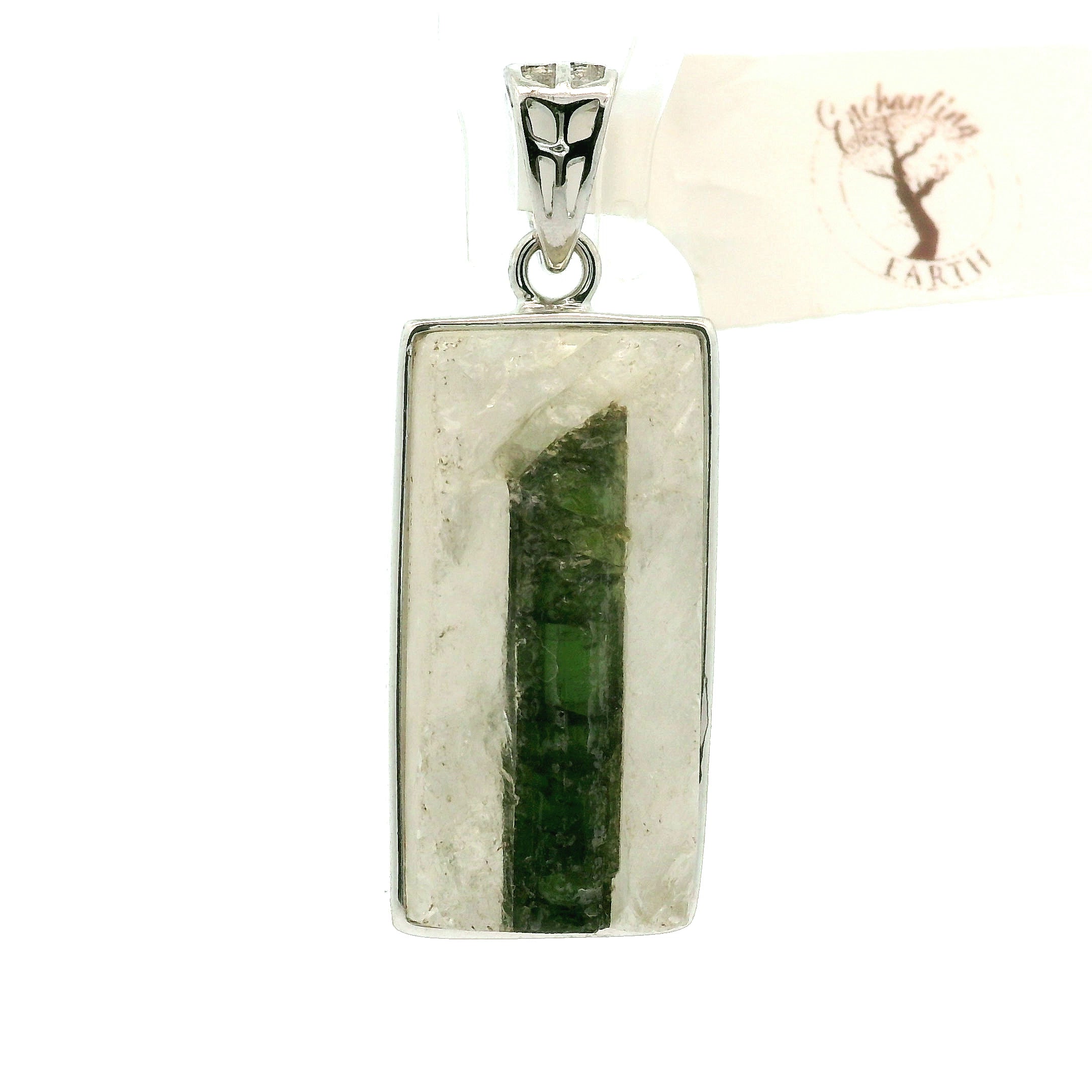 Green Tourmaline in Quartz Pendant .925 Sterling Silver for Emotional Healing, Kindness and Joy