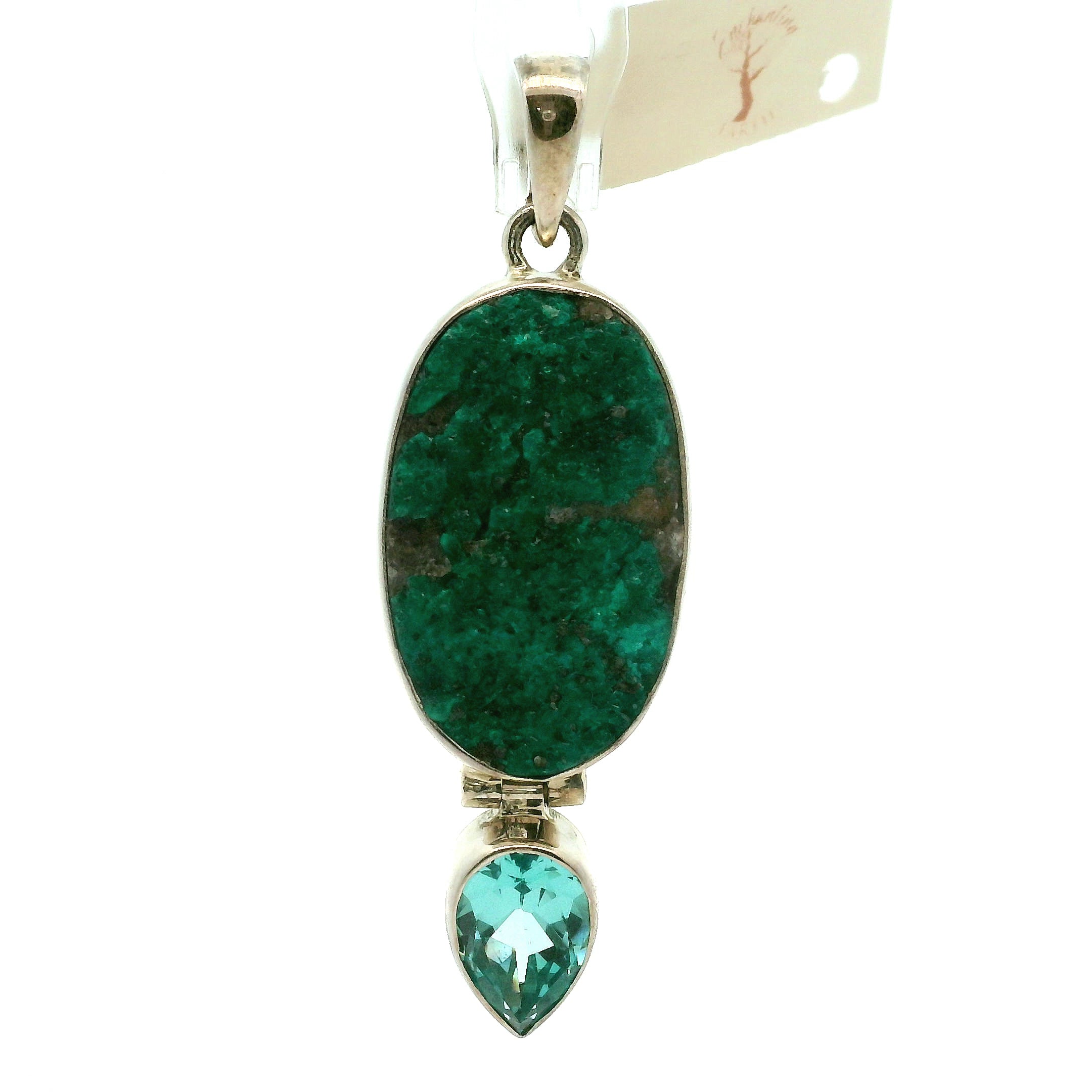 Druzy Raw Dioptase with Aqua Aura Quartz Pendant .925 Silver for Grief, Depression and Anxiety