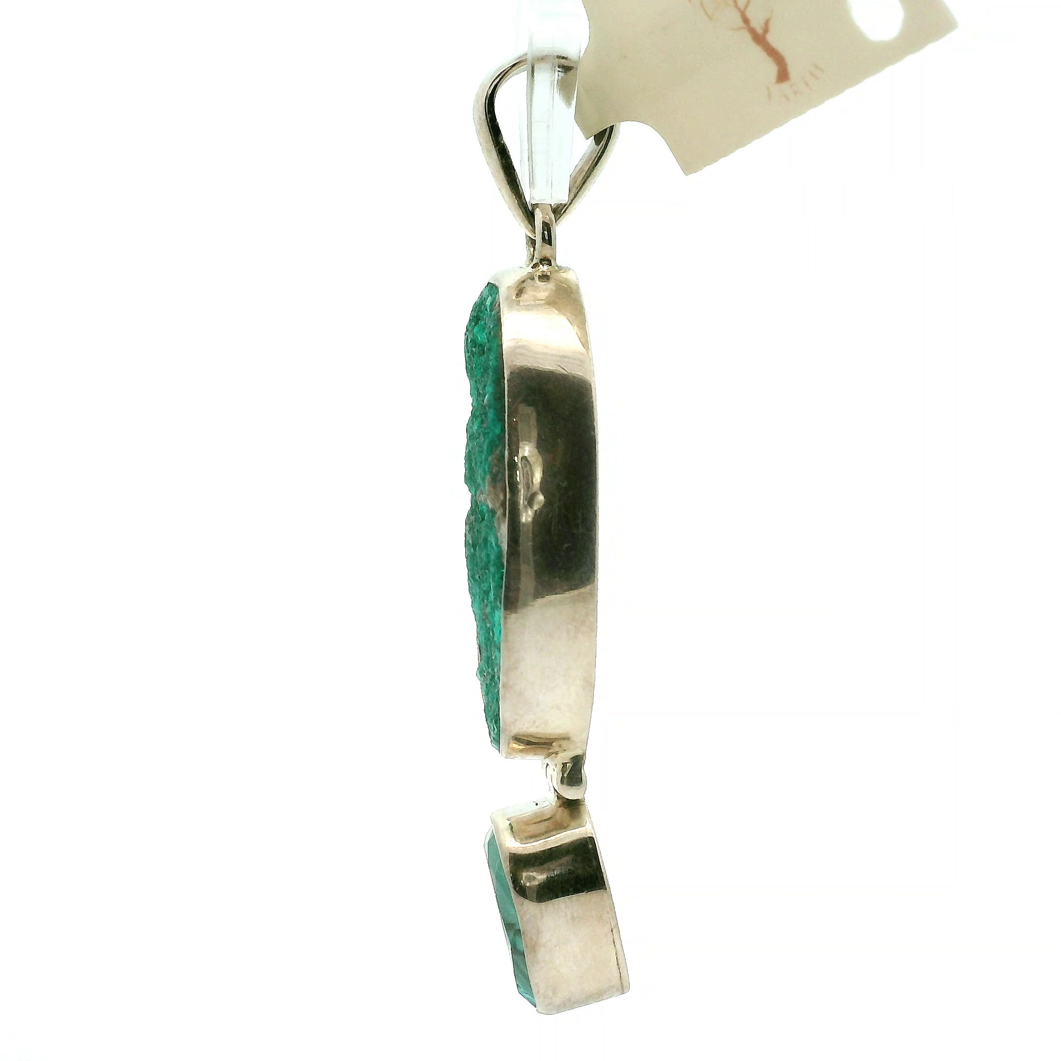 Druzy Raw Dioptase with Aqua Aura Quartz Pendant .925 Silver for Grief, Depression and Anxiety