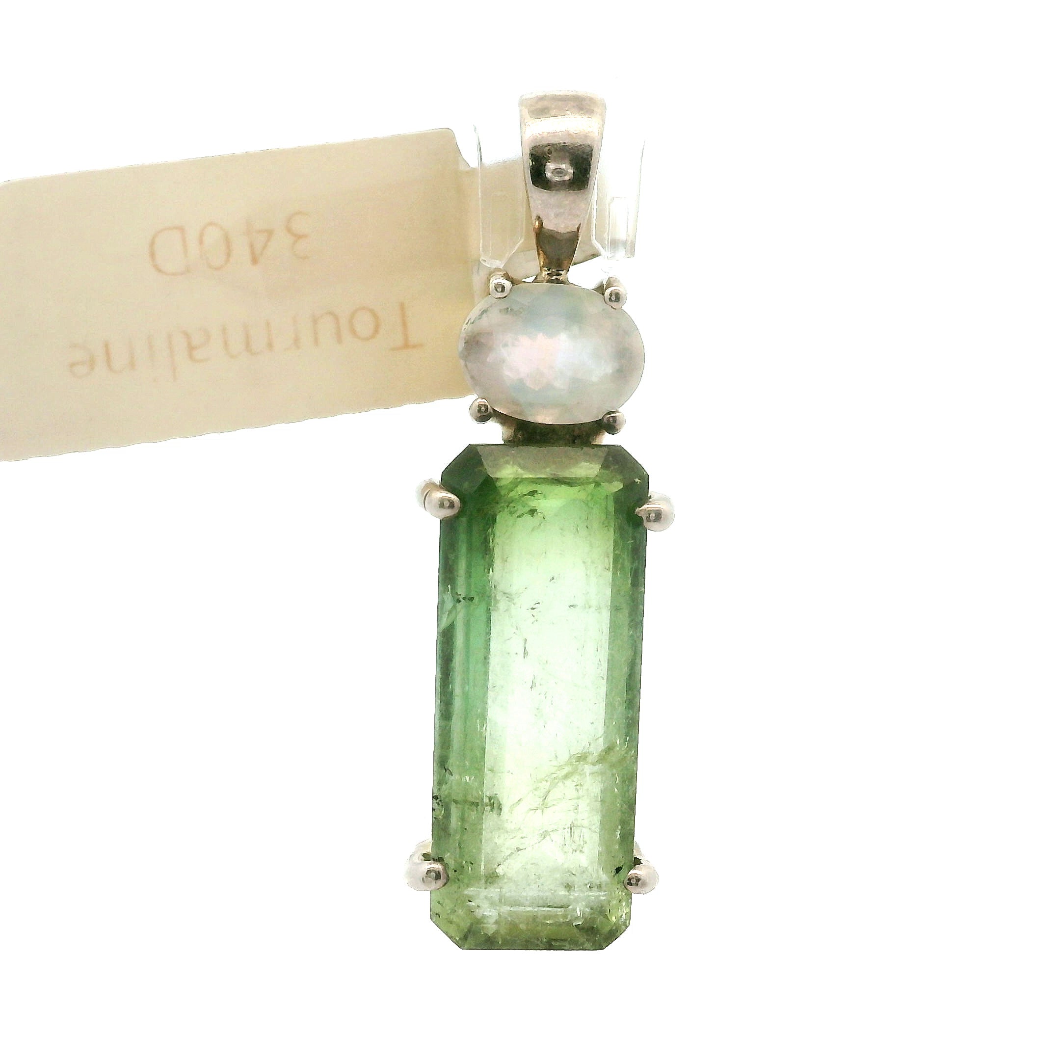 Green Tourmaline with Moonstone Pendant .925 Silver for Removing Insecurities, Helping Inspire Creativity and New Beginnings