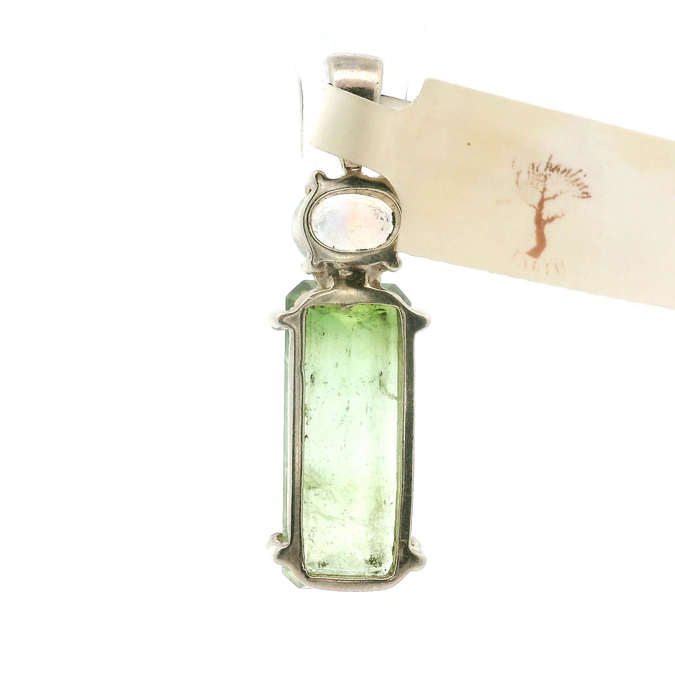 Green Tourmaline with Moonstone Pendant .925 Silver for Removing Insecurities, Helping Inspire Creativity and New Beginnings