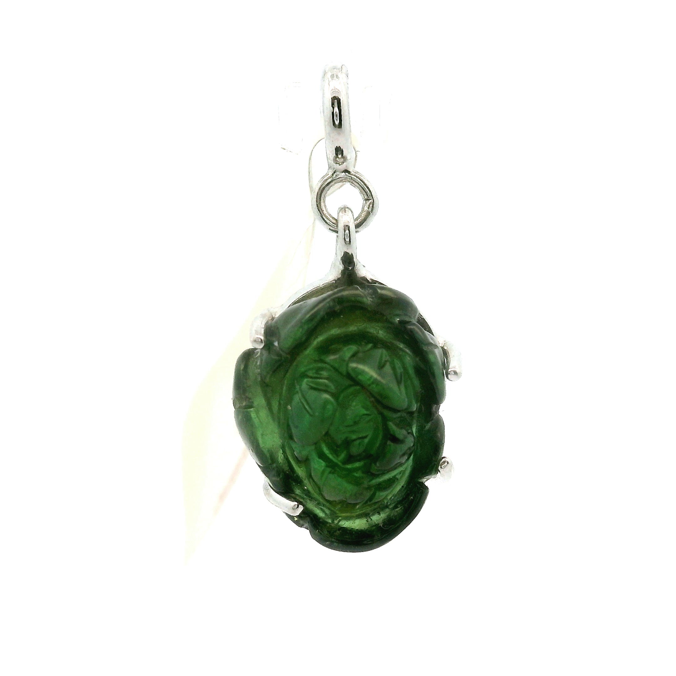 Green Tourmaline Carved Lotus Charm Pendants .925 Silver for Removing Insecurities and Helping Inspire Creativity