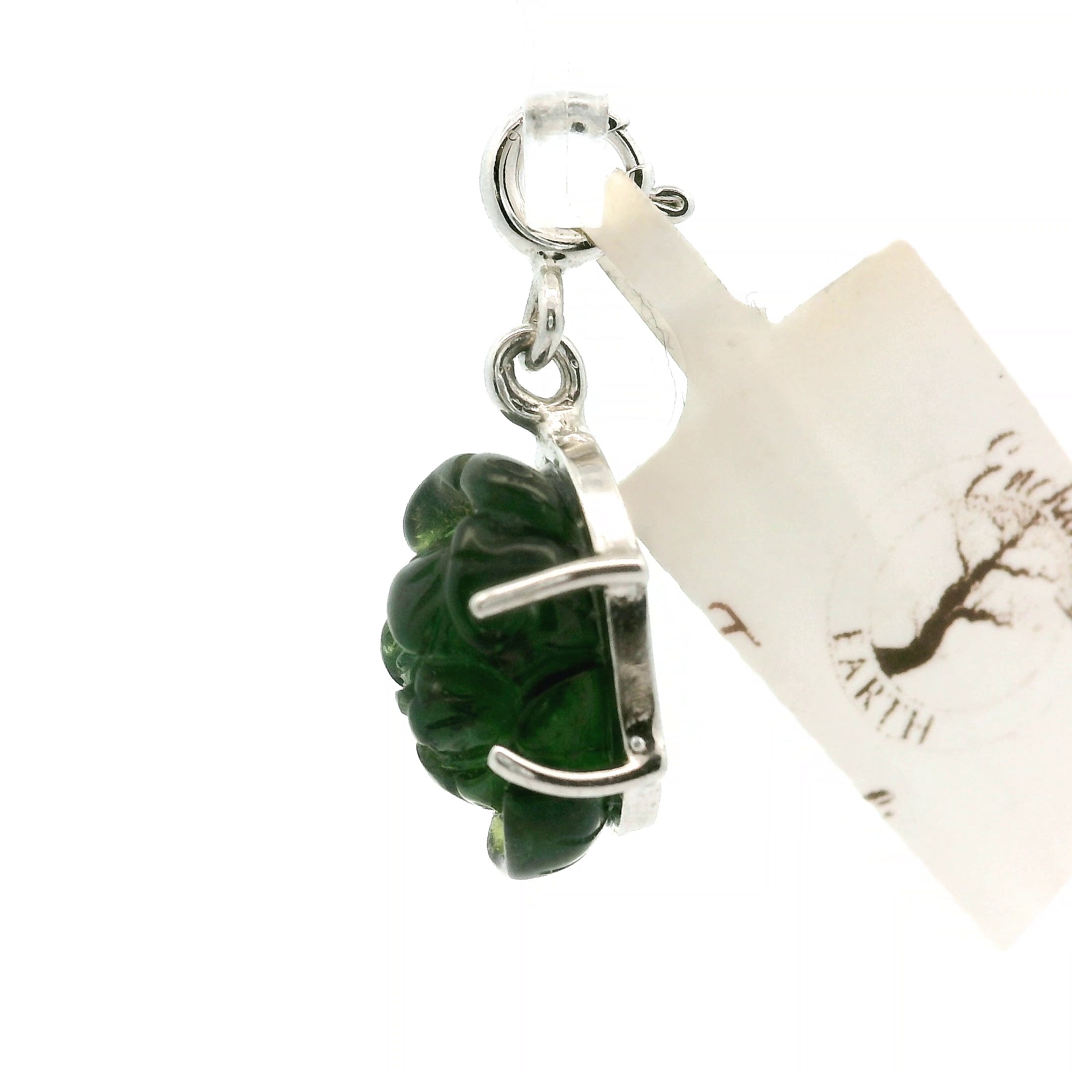 Green Tourmaline Carved Lotus Charm Pendants .925 Silver for Removing Insecurities and Helping Inspire Creativity