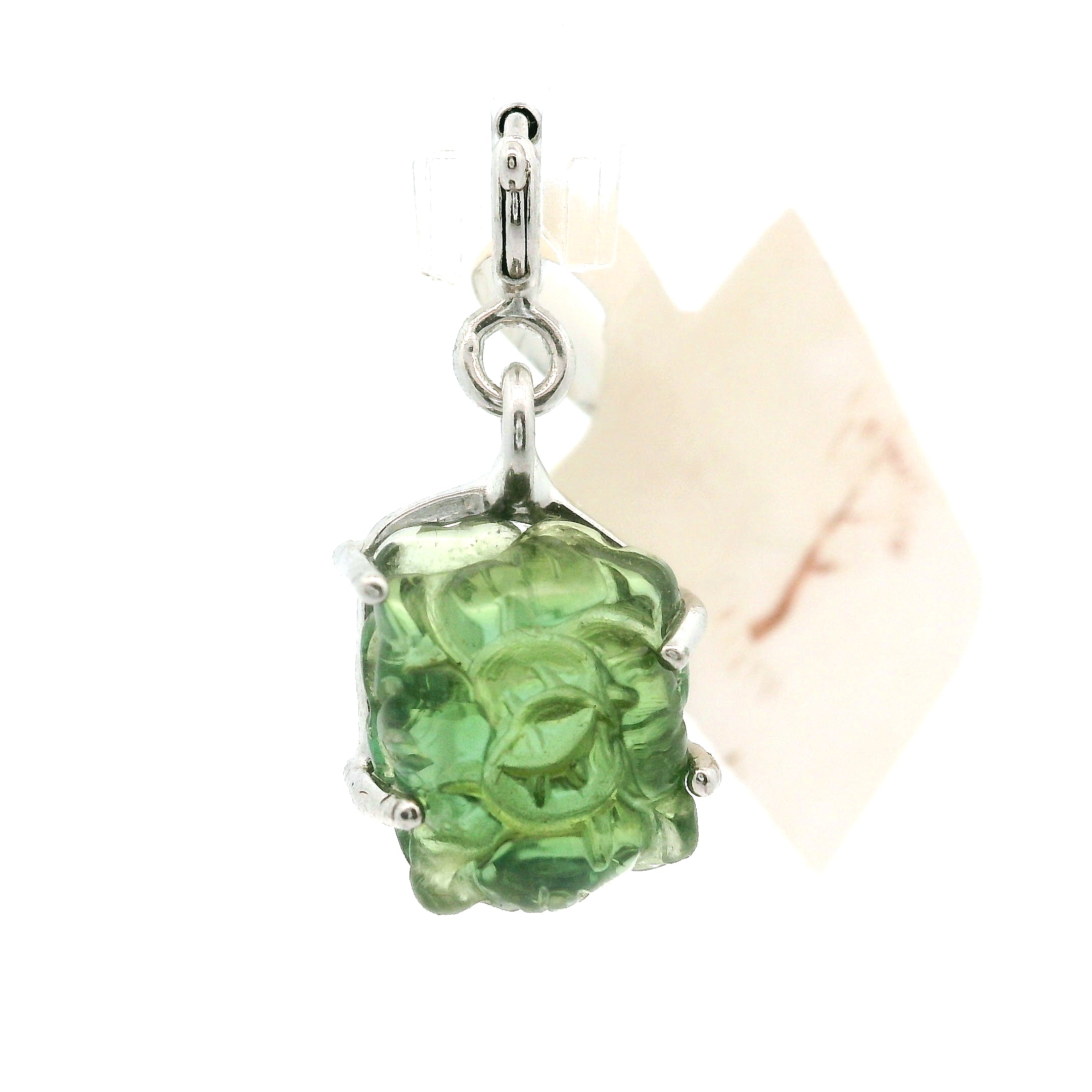 Green Tourmaline Carved Lotus Charm Pendants .925 Silver for Removing Insecurities and Helping Inspire Creativity