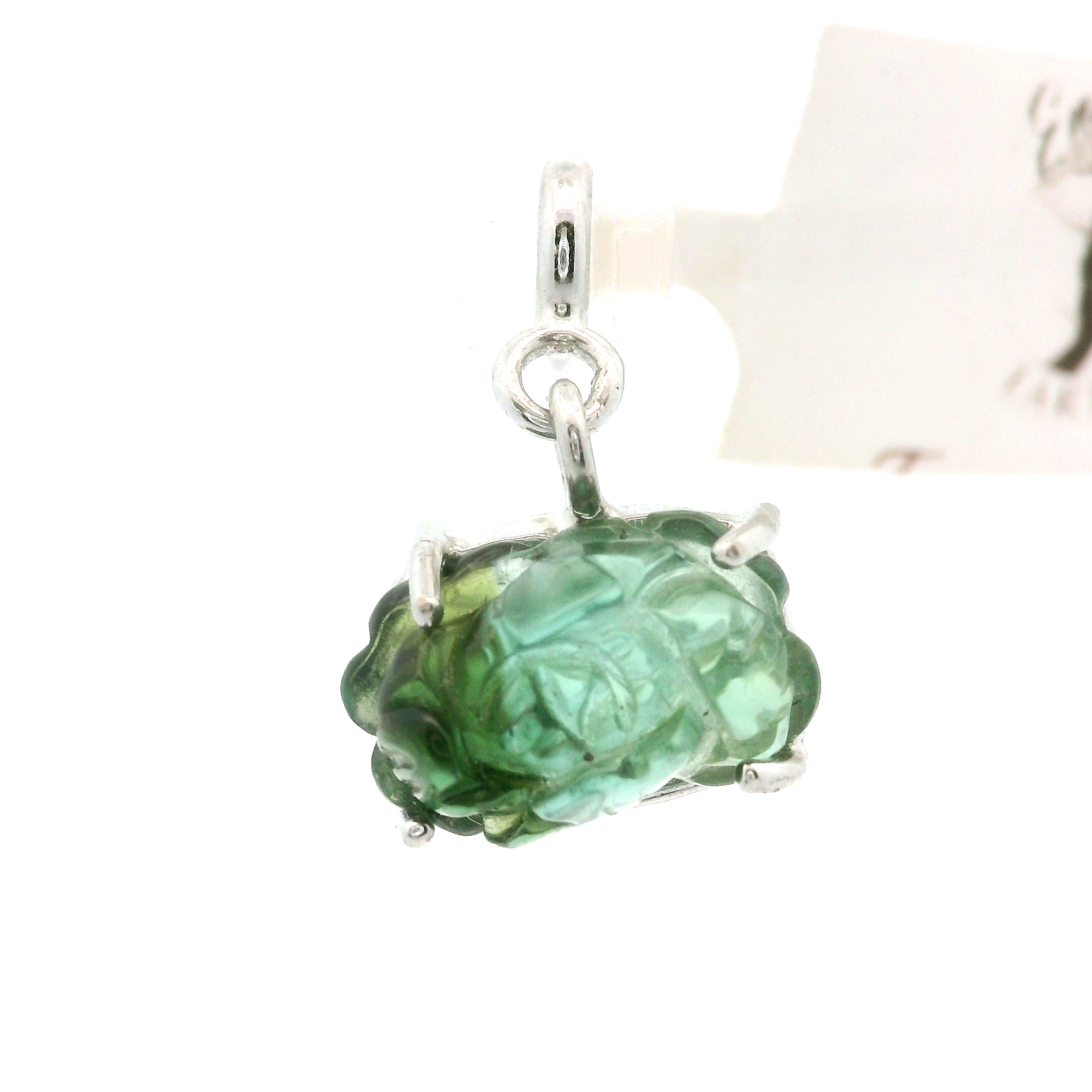 Green Tourmaline Carved Lotus Charm Pendants .925 Silver for Removing Insecurities and Helping Inspire Creativity