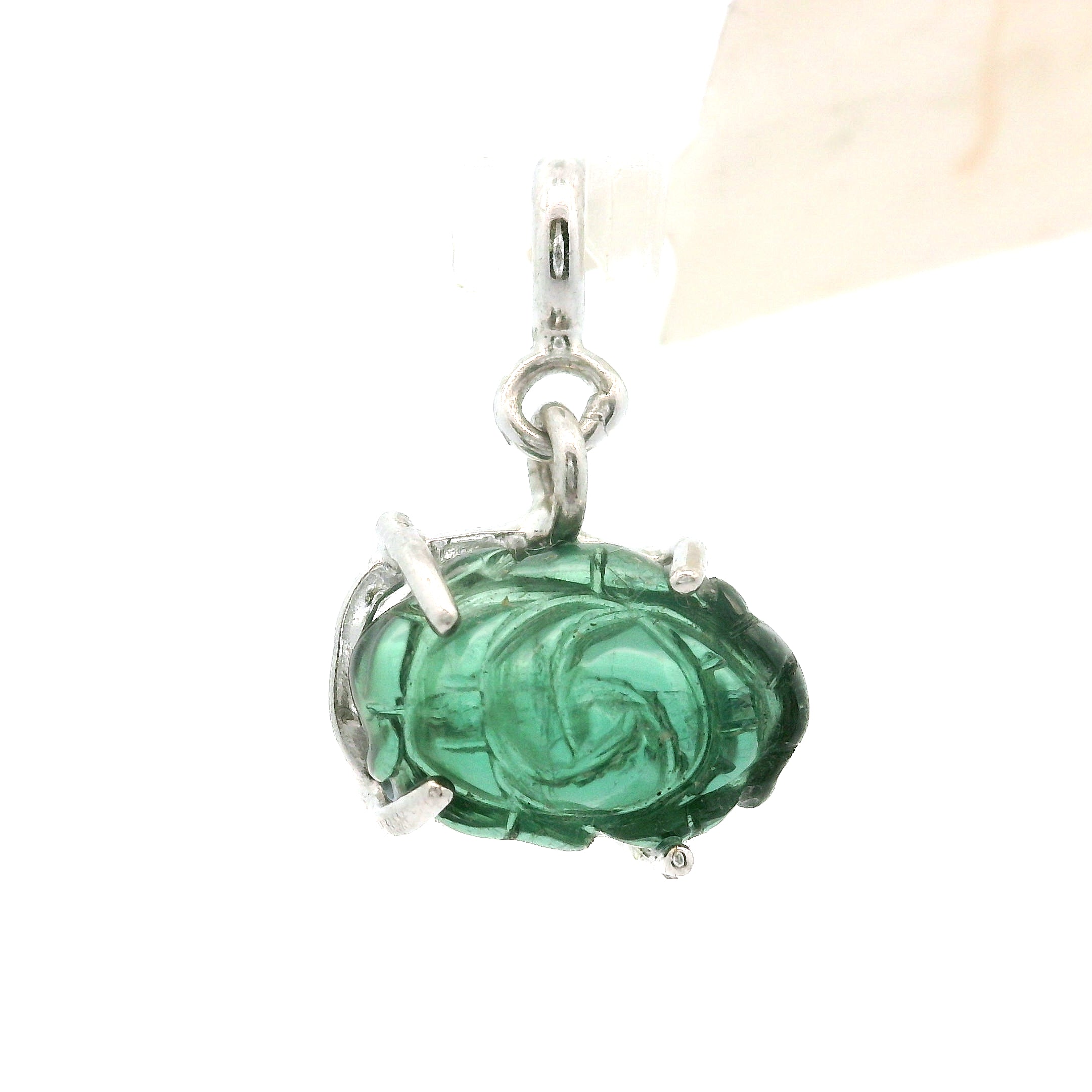 Green Tourmaline Carved Lotus Charm Pendants .925 Silver for Removing Insecurities and Helping Inspire Creativity