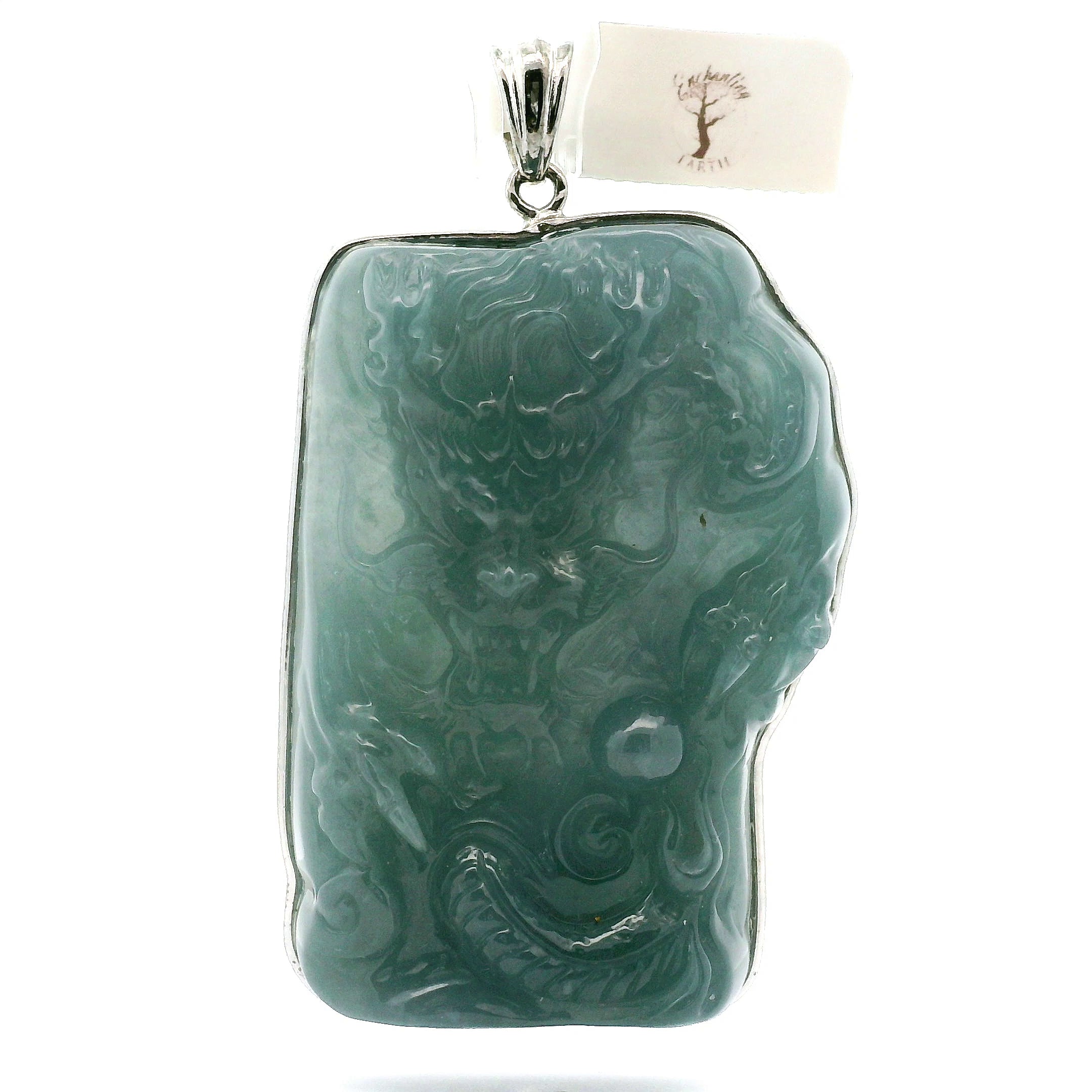 Blue Jade Carved Dragon Large Pendants .925 Silver for Abundance, Good Luck, Joy and Protection