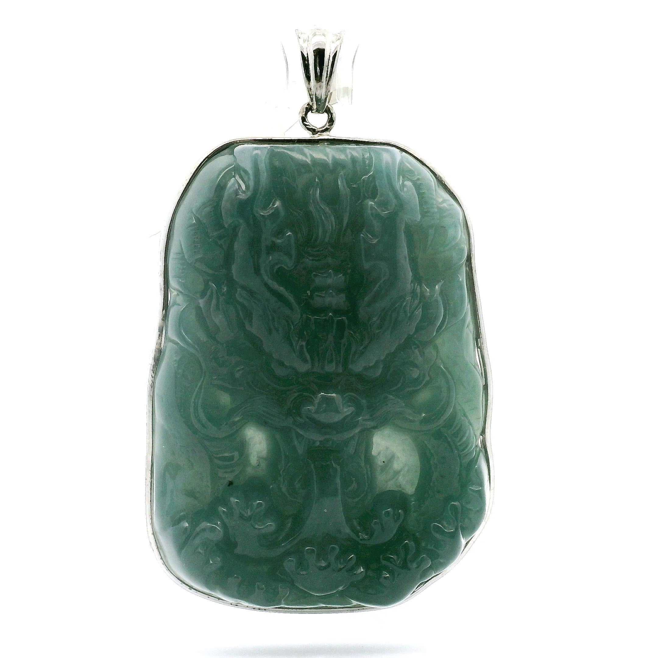 Blue Jade Carved Dragon Large Pendants .925 Silver for Abundance, Good Luck, Joy and Protection