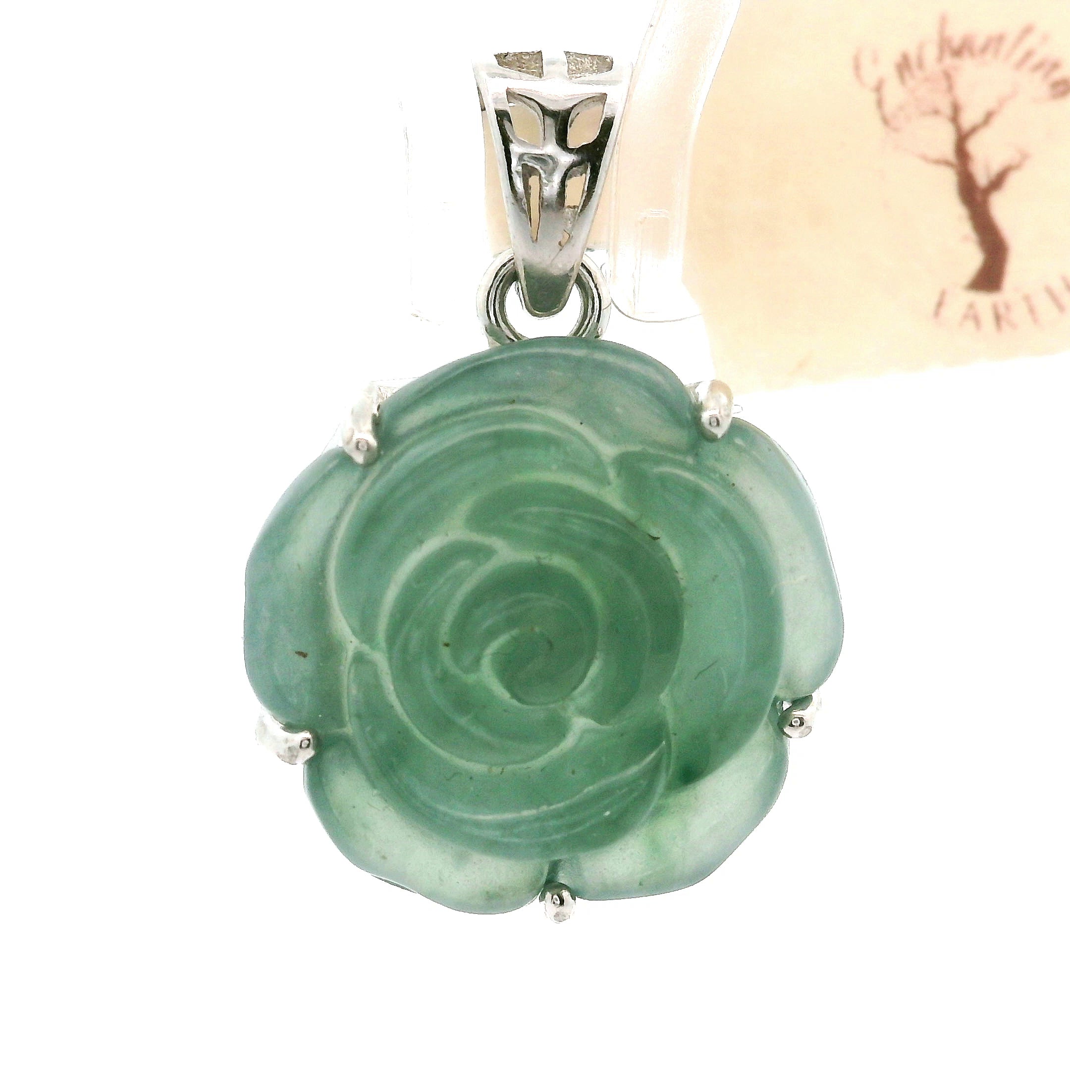 Blue Jade Carved Rose Pendants .925 Silver for Abundance, Good Luck, Joy and Protection