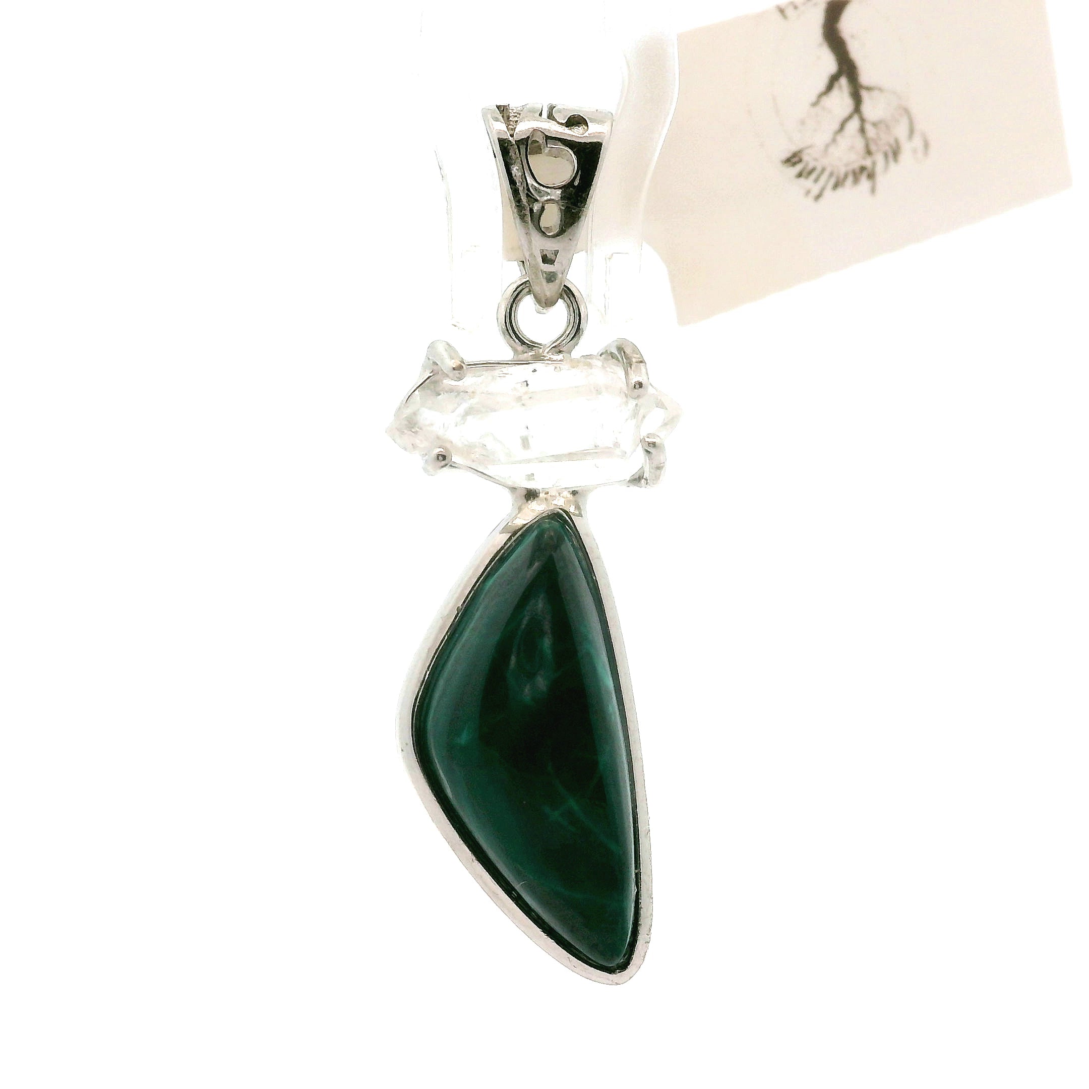 Malachola with Herkimer Diamond Pendant .925 Silver for Abundance, Protection and Transformation