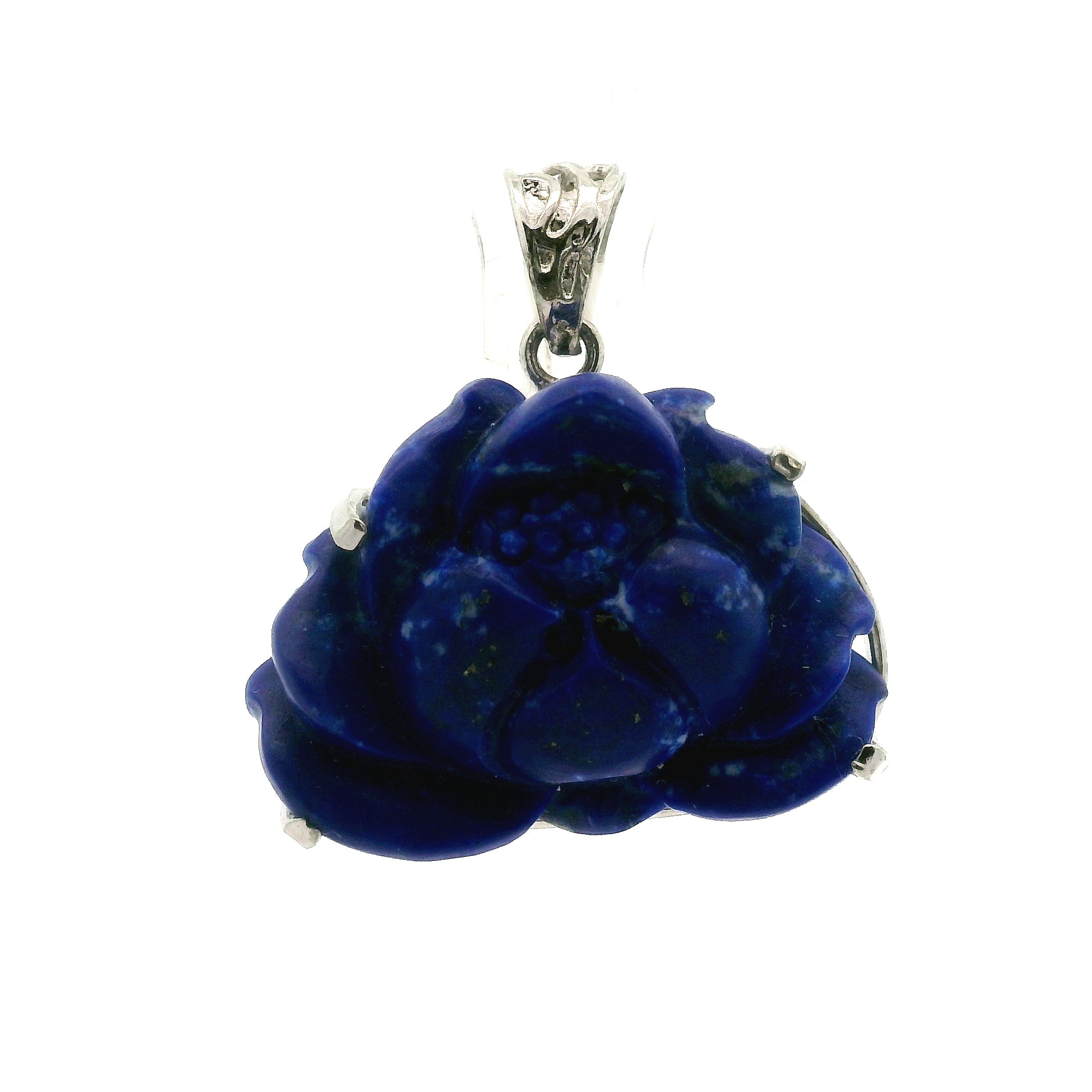 Lapis Lazuli Carved Lotus Pendant .925 Silver for Power & Confidence
