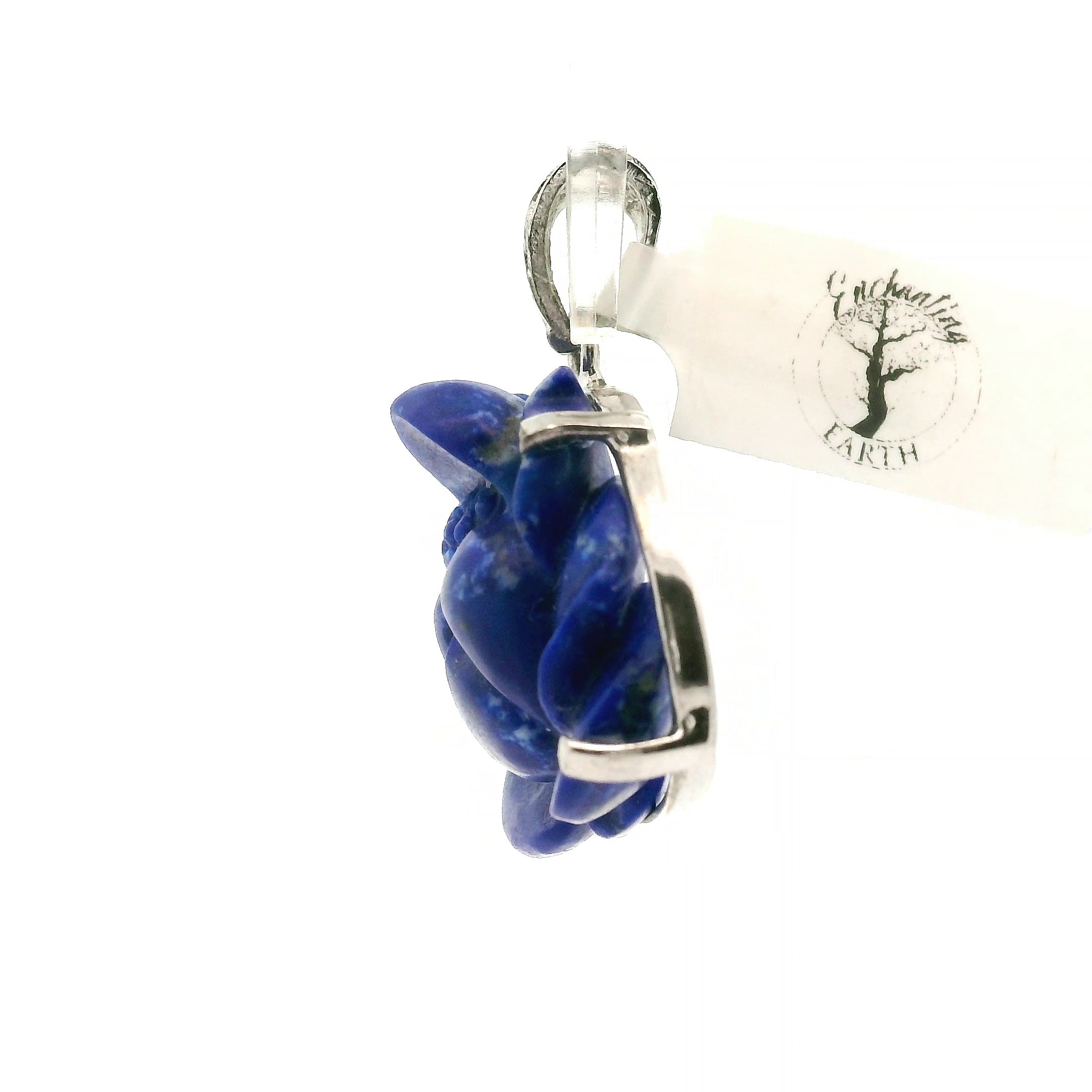 Lapis Lazuli Carved Lotus Pendant .925 Silver for Power & Confidence